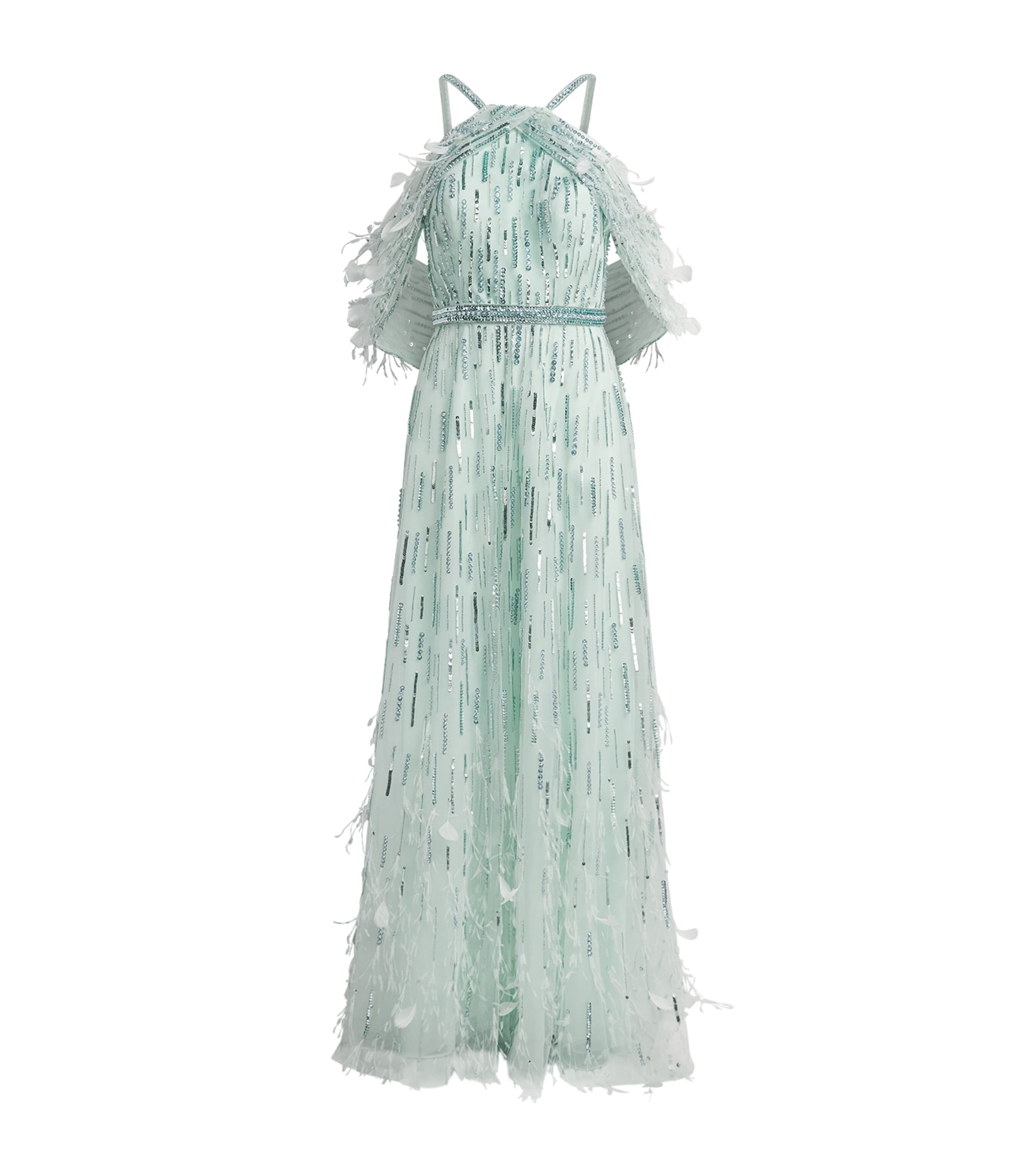 Pamella Roland Womens Feather-Trim Embellished Gown Aqua Image 1