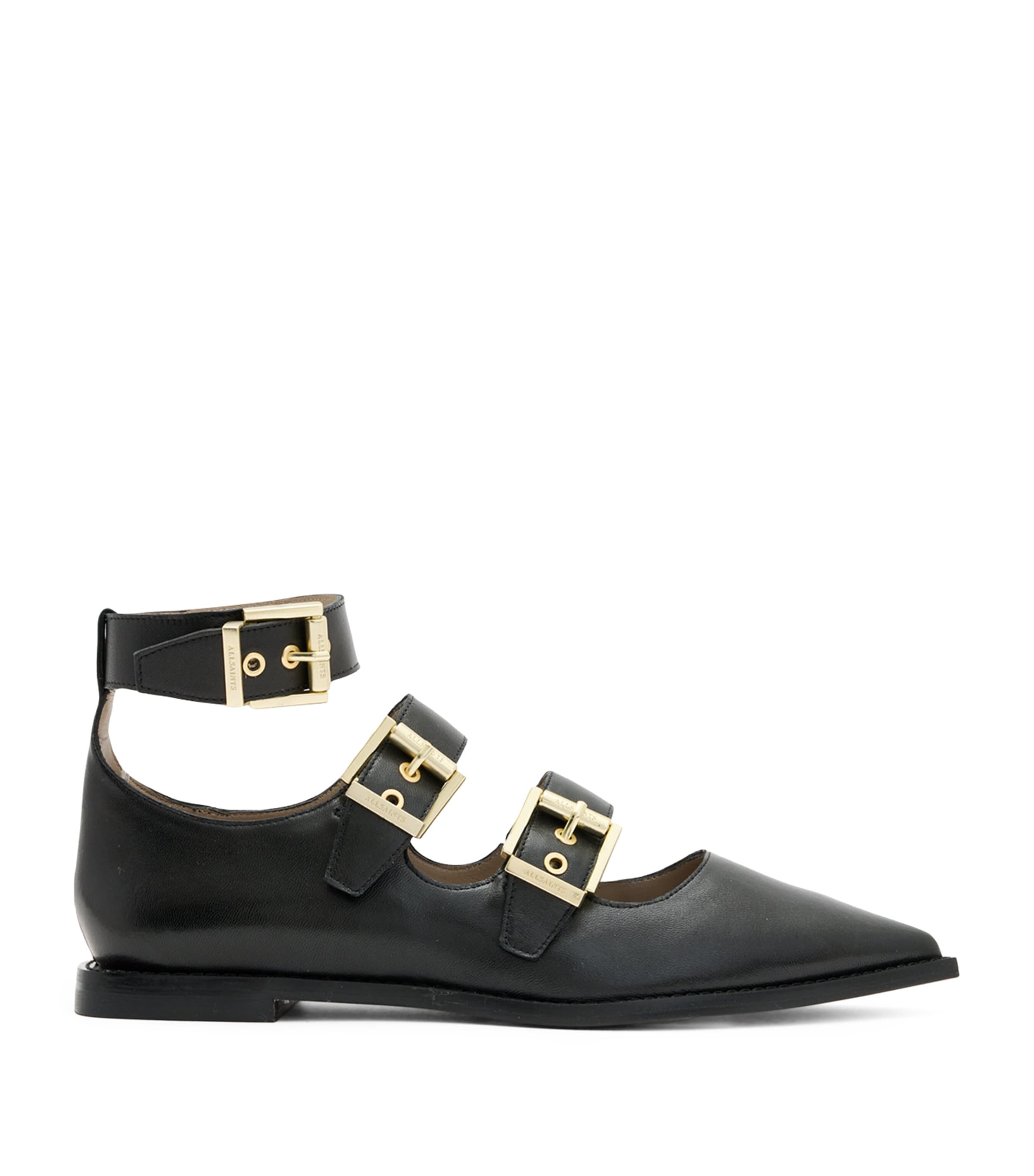 Shop Allsaints Leather Susan Buckle Flats In Black