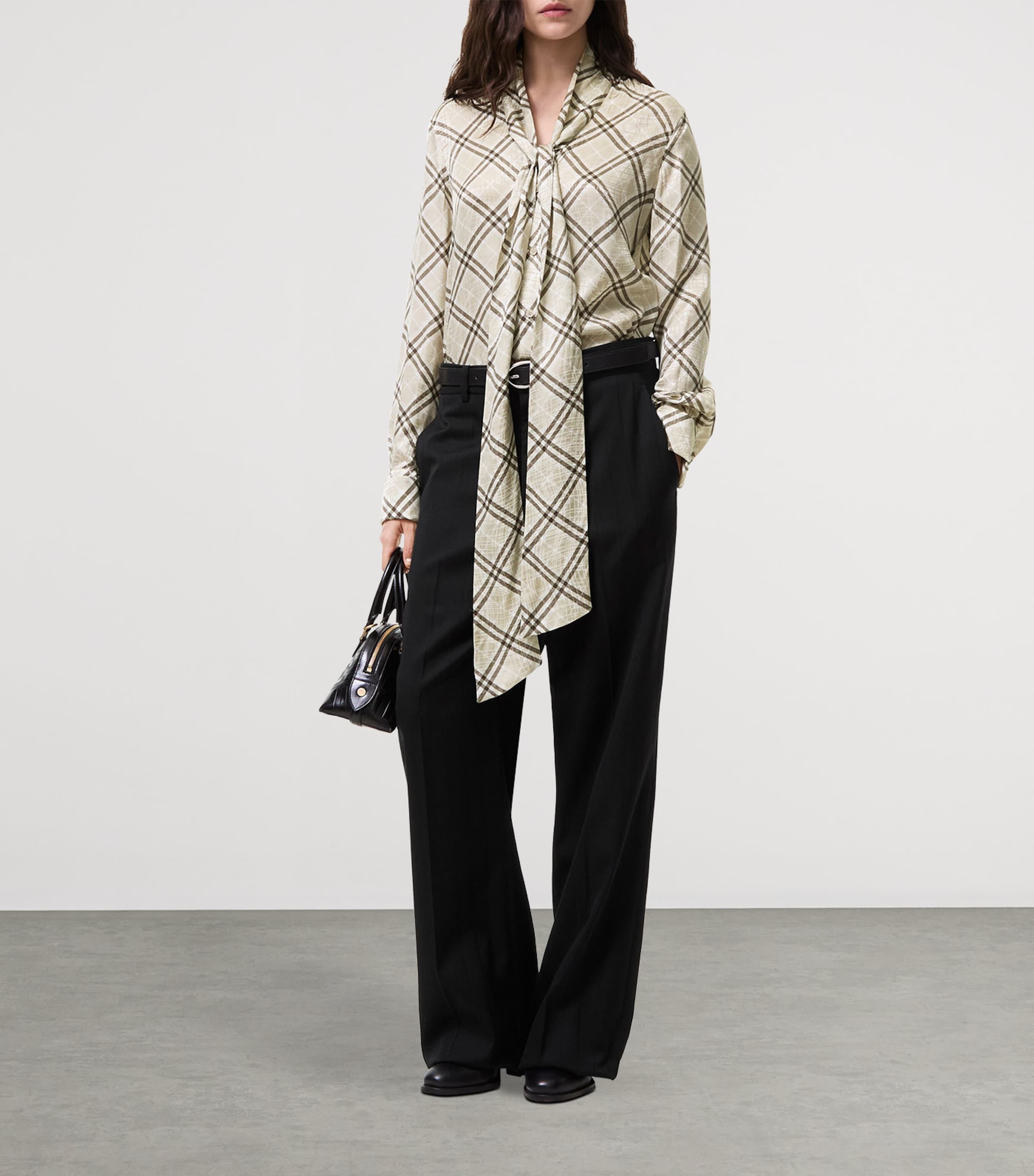Burberry Womens Silk-Blend Check Scarf Blouse Champagne Wht Ip Chk Image 2