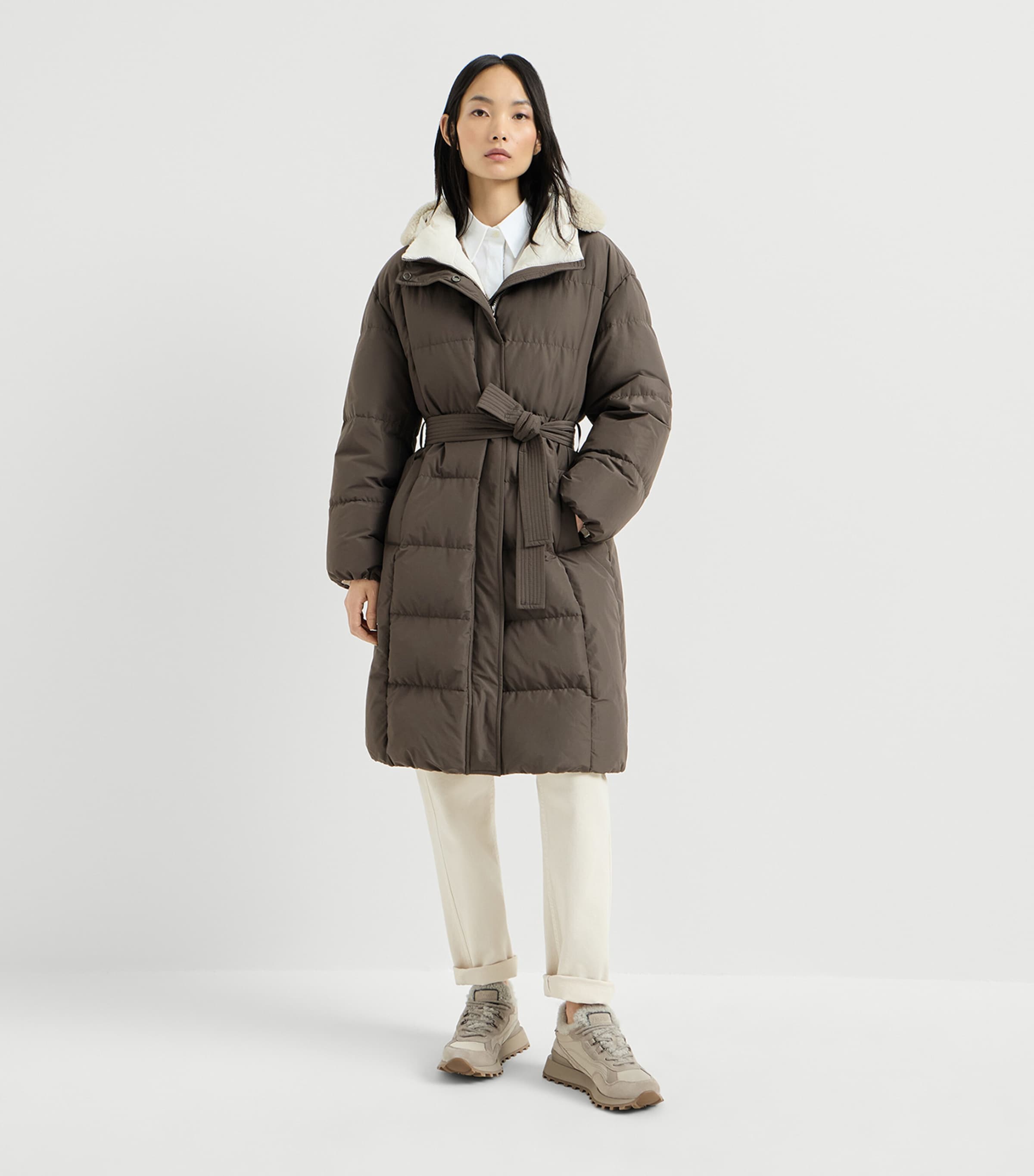 Brunello Cucinelli Womens Down Taffeta Belted Puffer Jacket Marrone Image 2