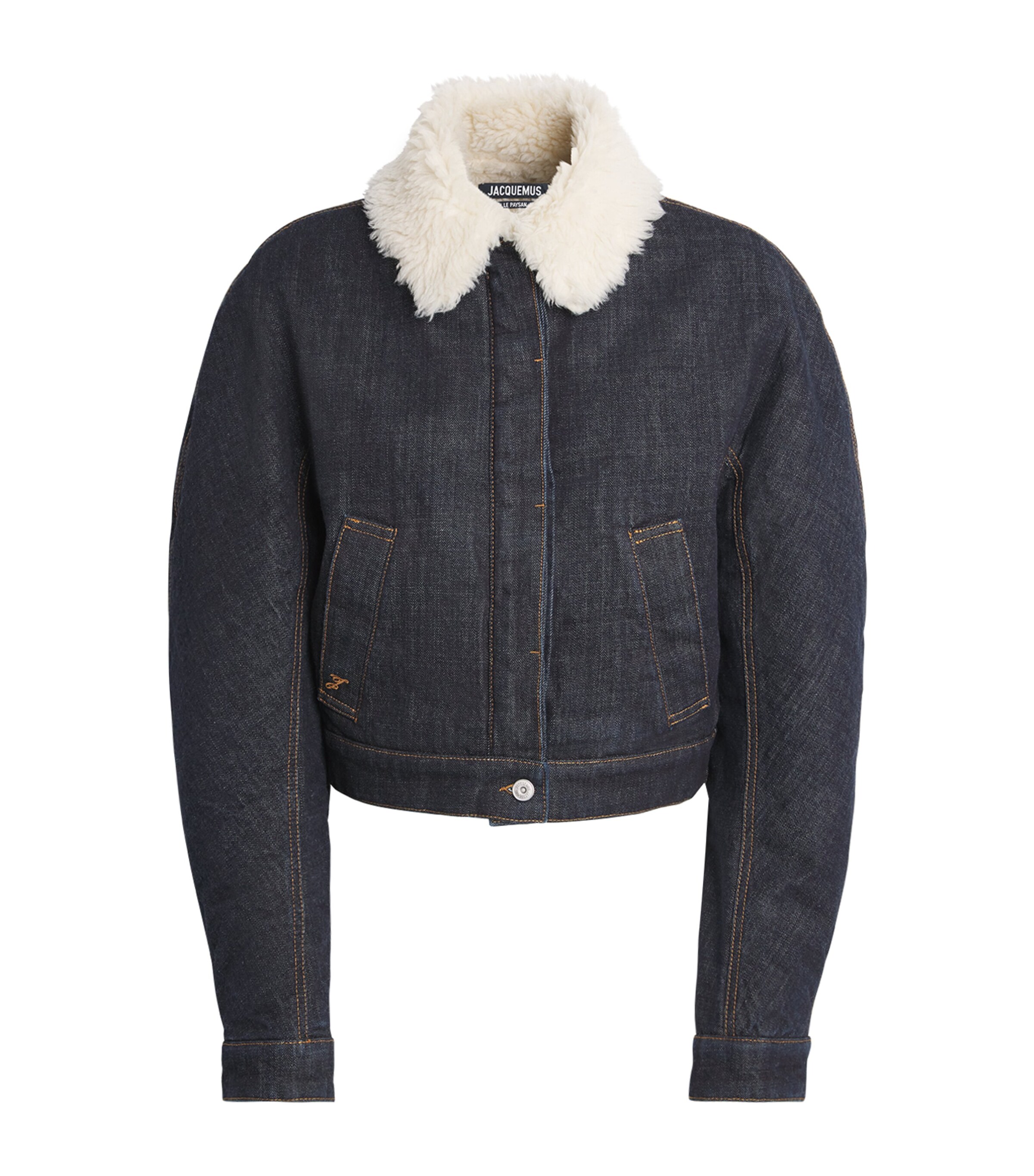 Jacquemus Womens Shearling-Trim Denim Bomber Jacket Dark Navy Image 1