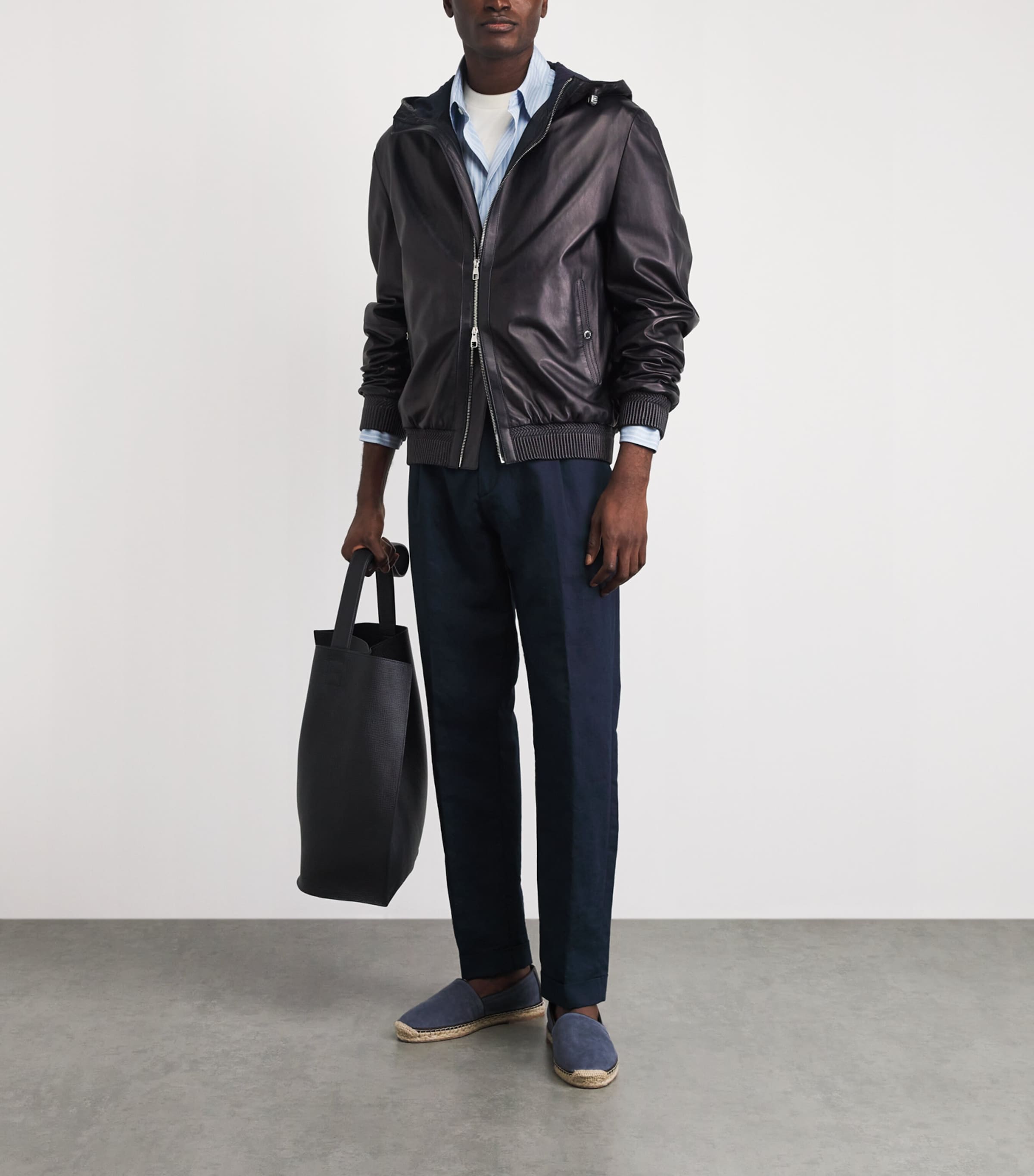 Brett Johnson Mens Hooded Leather Jacket Navy Image 2