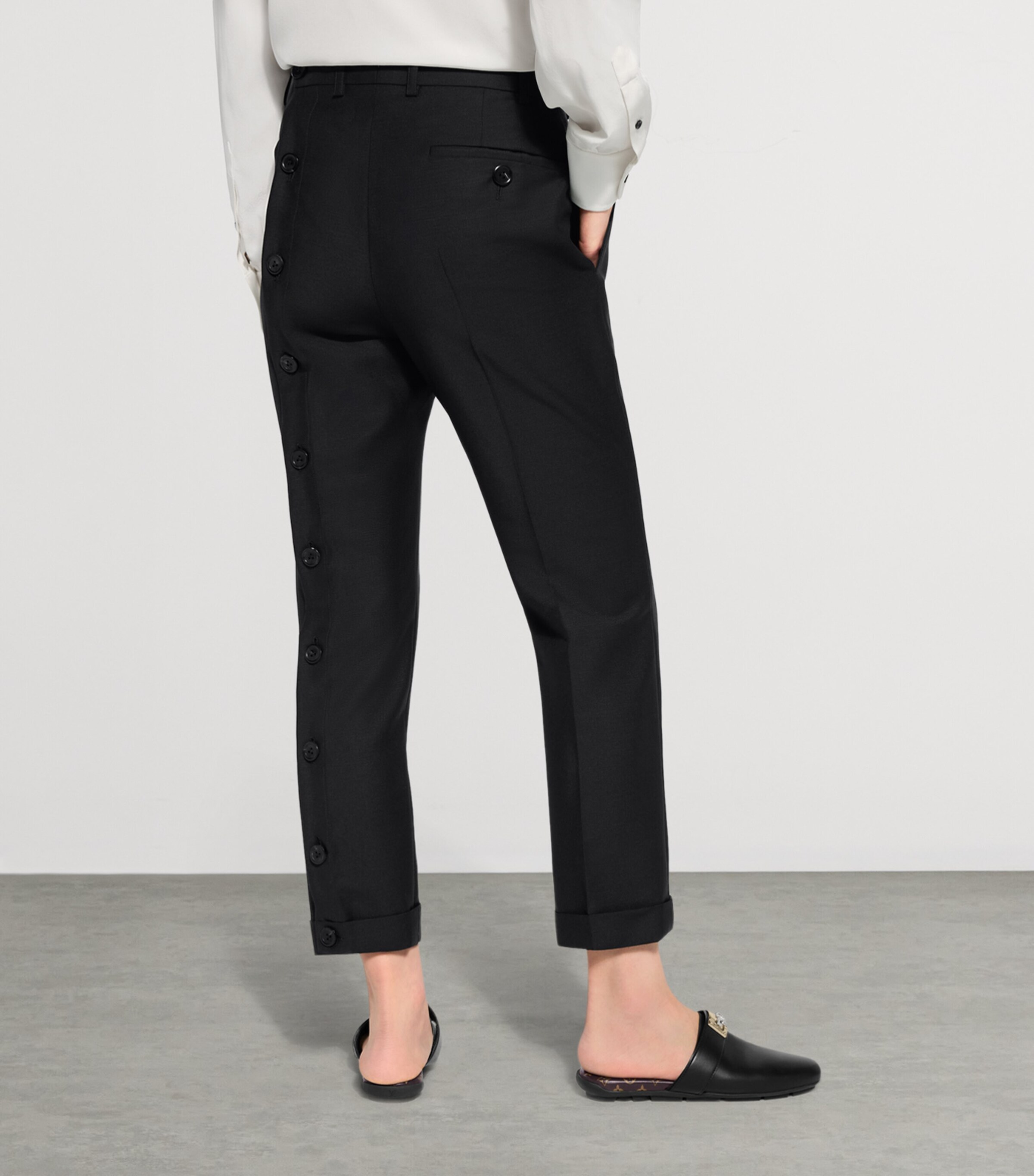 LOUIS VUITTON Womens Mohair-Wool Buttton-Leg Tailored Trousers Black Image 4