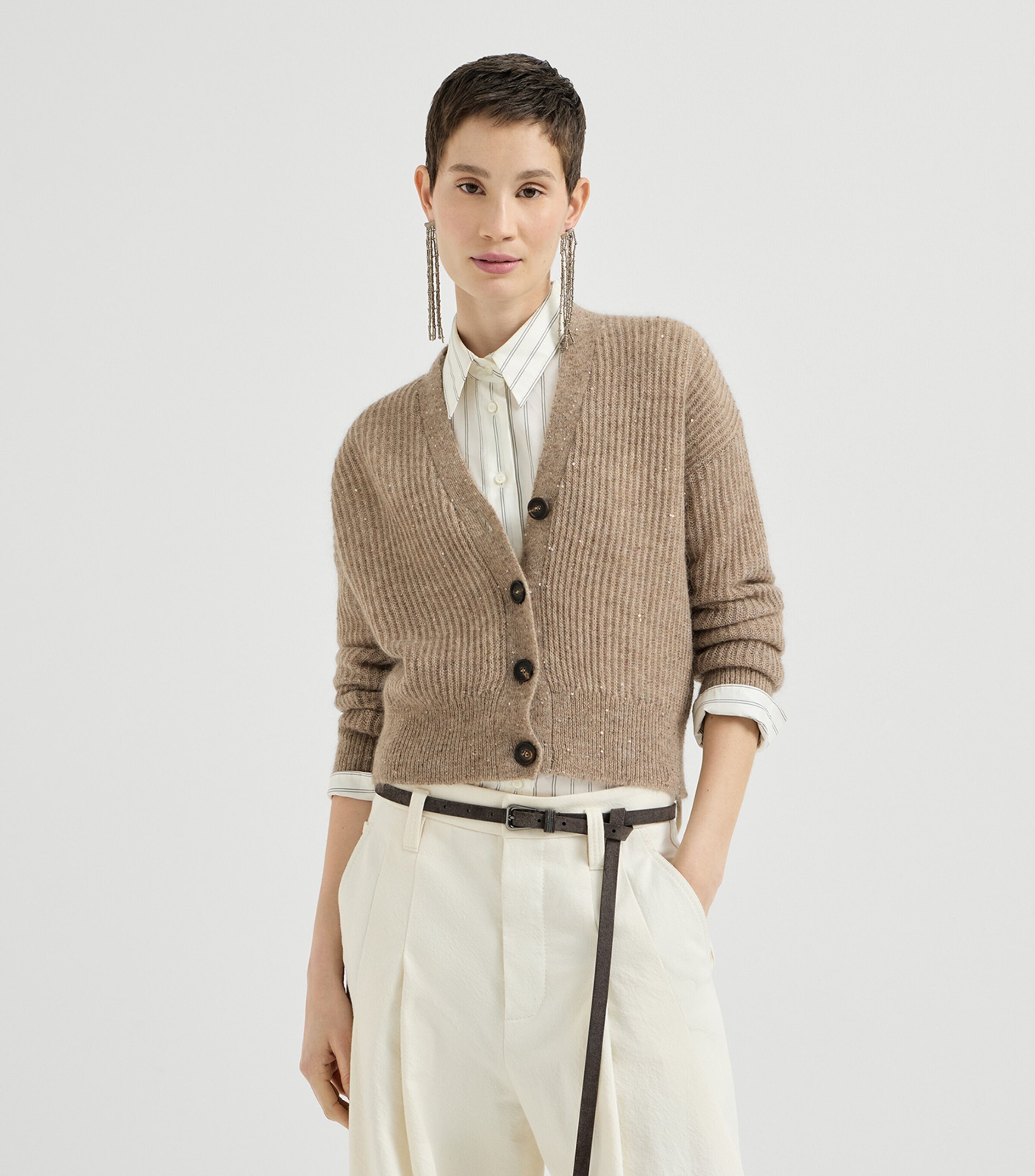 Brunello Cucinelli Womens English Rib Sequin Cardigan Brown Caldo Image 4