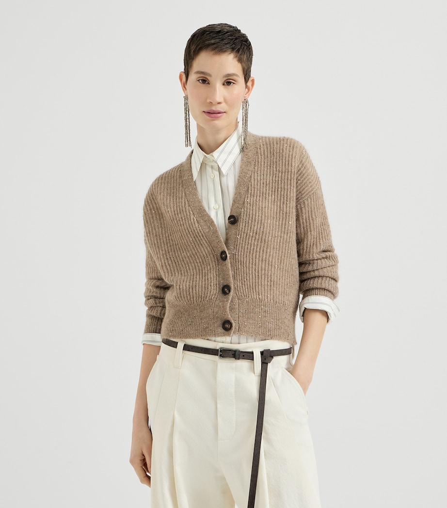 Brunello Cucinelli Womens English Rib Sequin Cardigan Brown Caldo Image 4