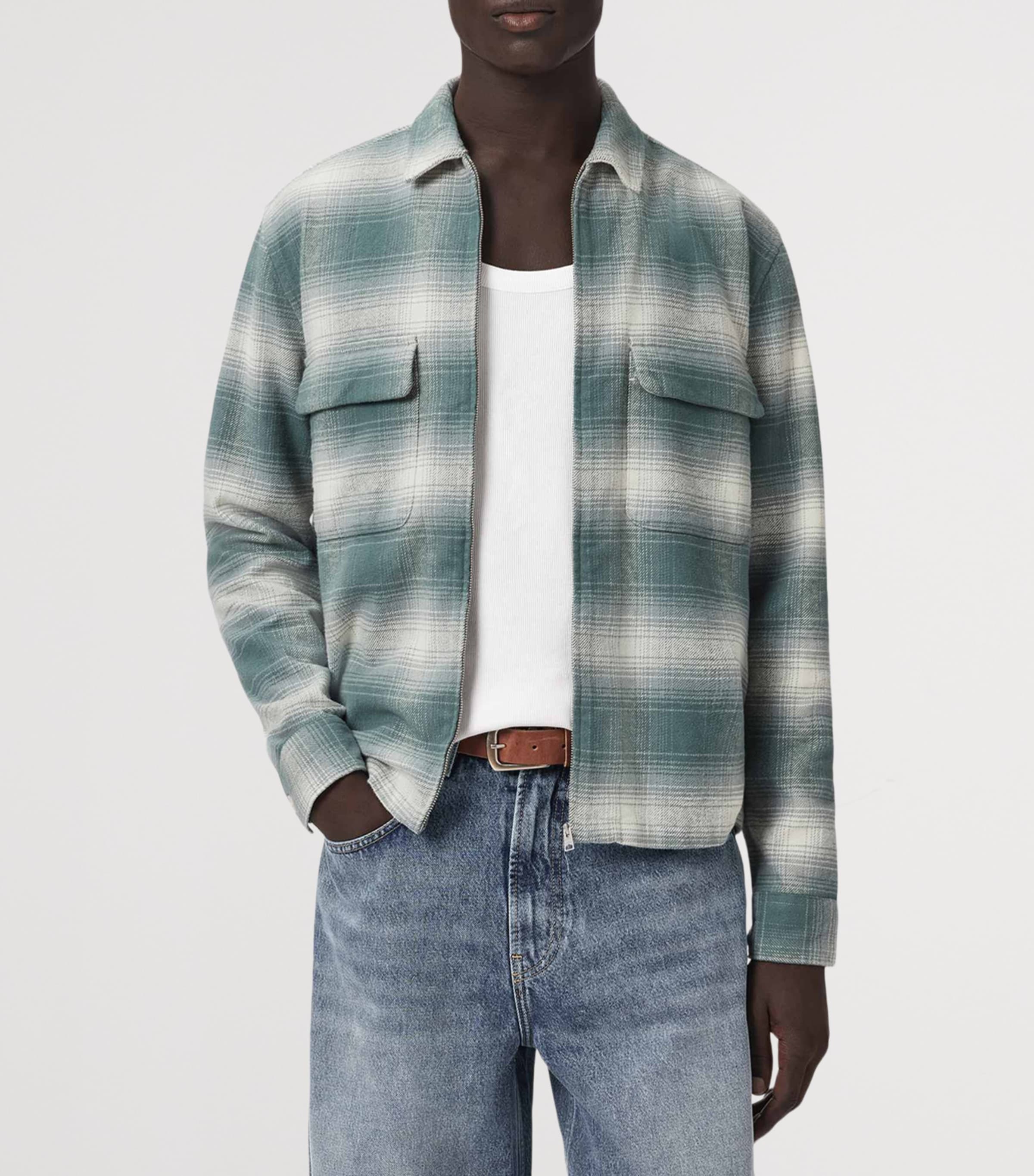 AllSaints Mens Organic Cotton Check Polanco Overshirt Blue Image 3