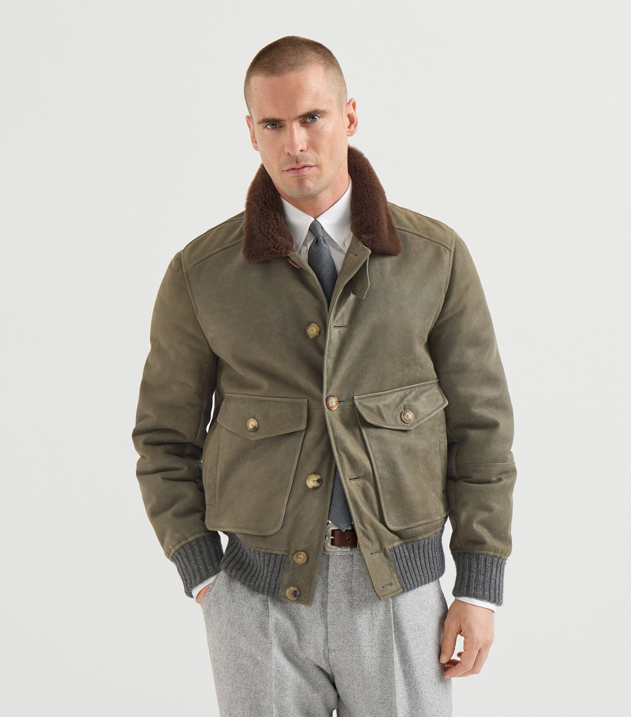 Brunello Cucinelli Mens Leather Shearling-Trim Jacket Image 2