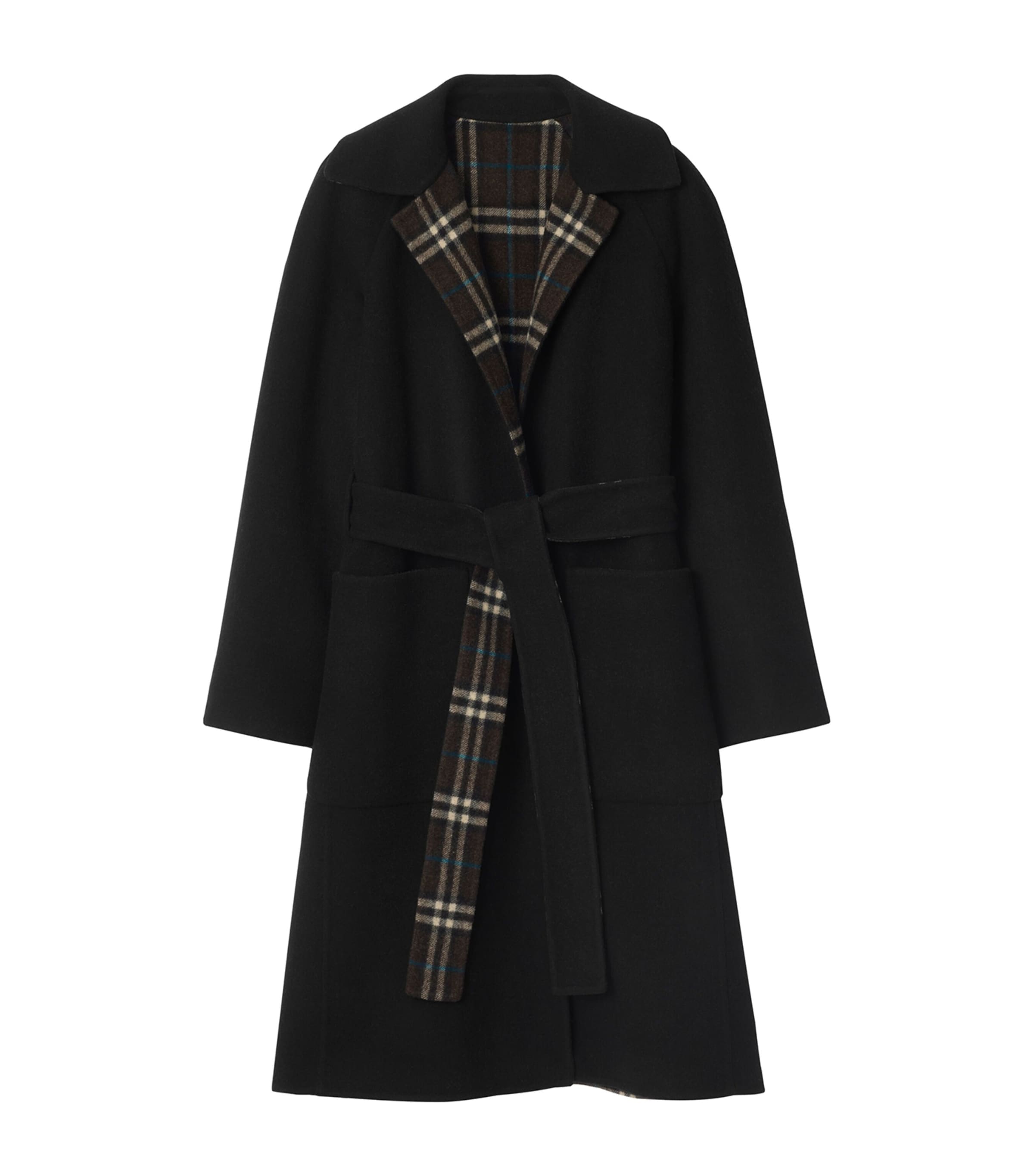 Burberry Wool Reversible Hooded Wrap Coat In Black