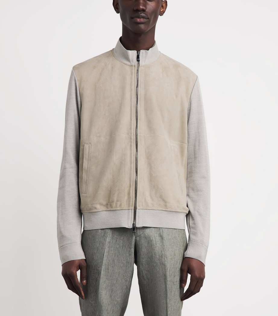 Stretch-Silk Suede-Front Bomber Jacket 027 GREY PIECETAUPE Image 4