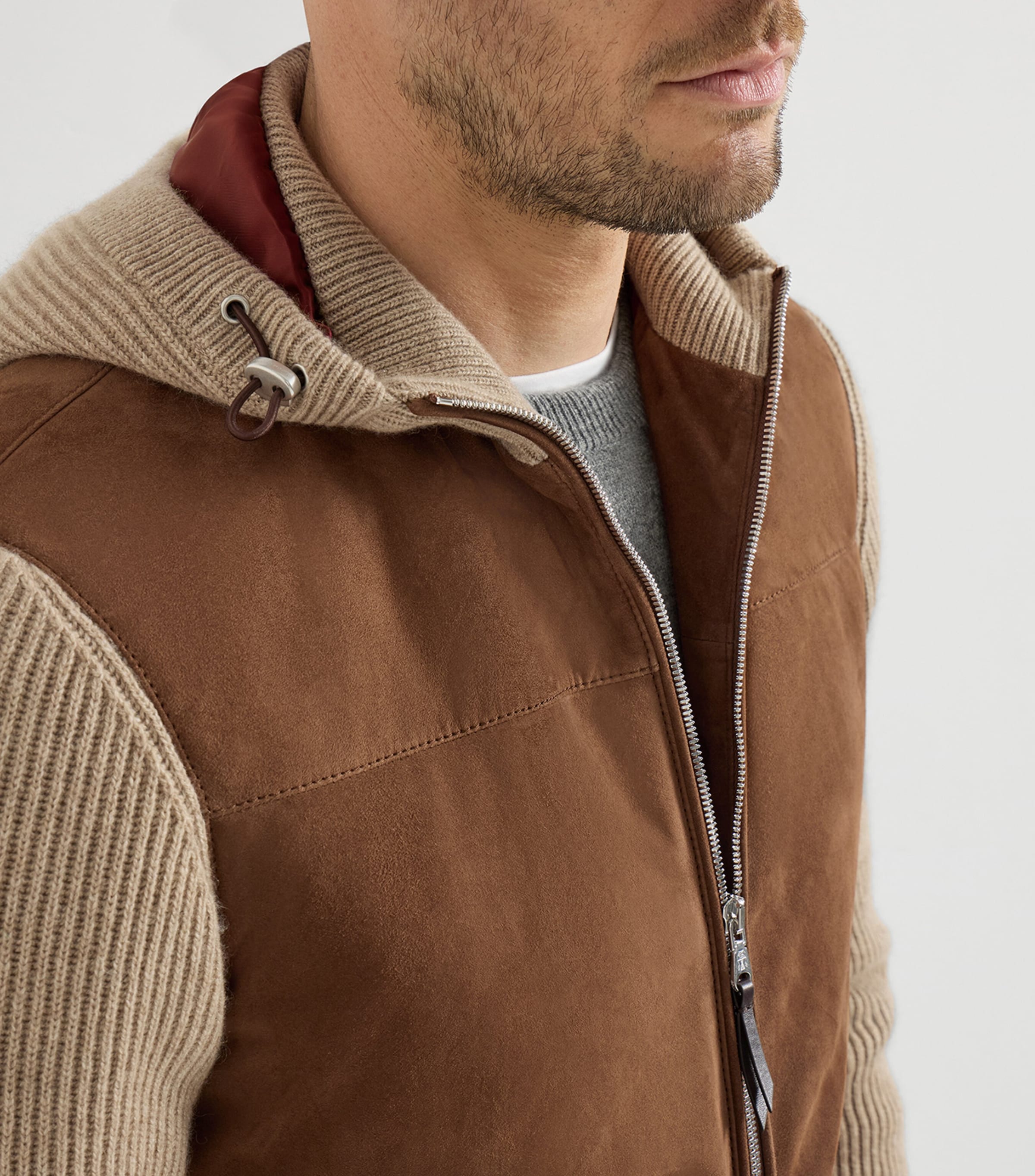 Brunello Cucinelli Mens Ribbed Suede-Panel Hooded Jacket Image 6