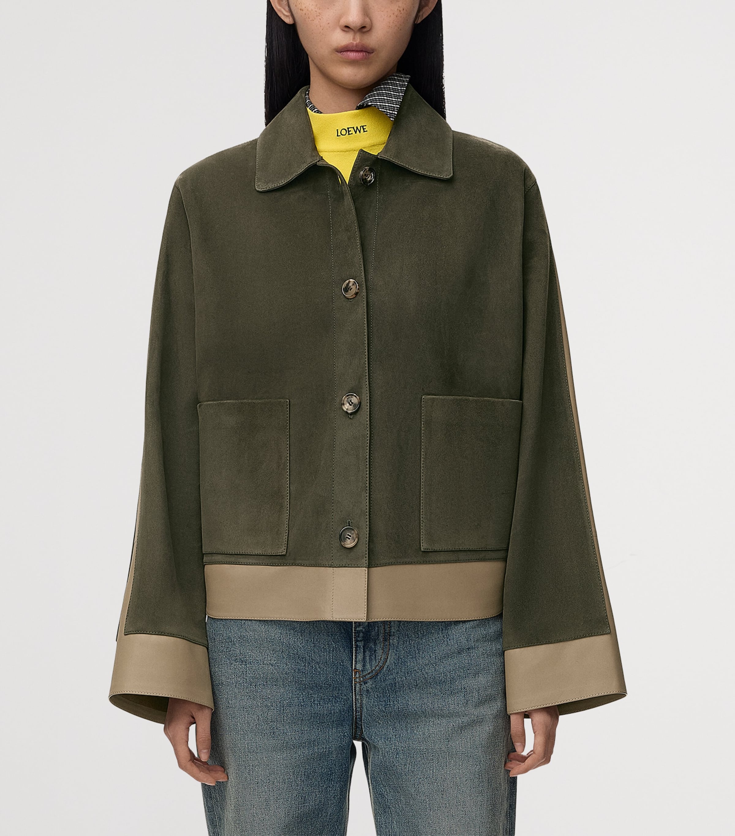 LOEWE Womens Suede and Leather Panelled Jacket Khaki Green Image 3
