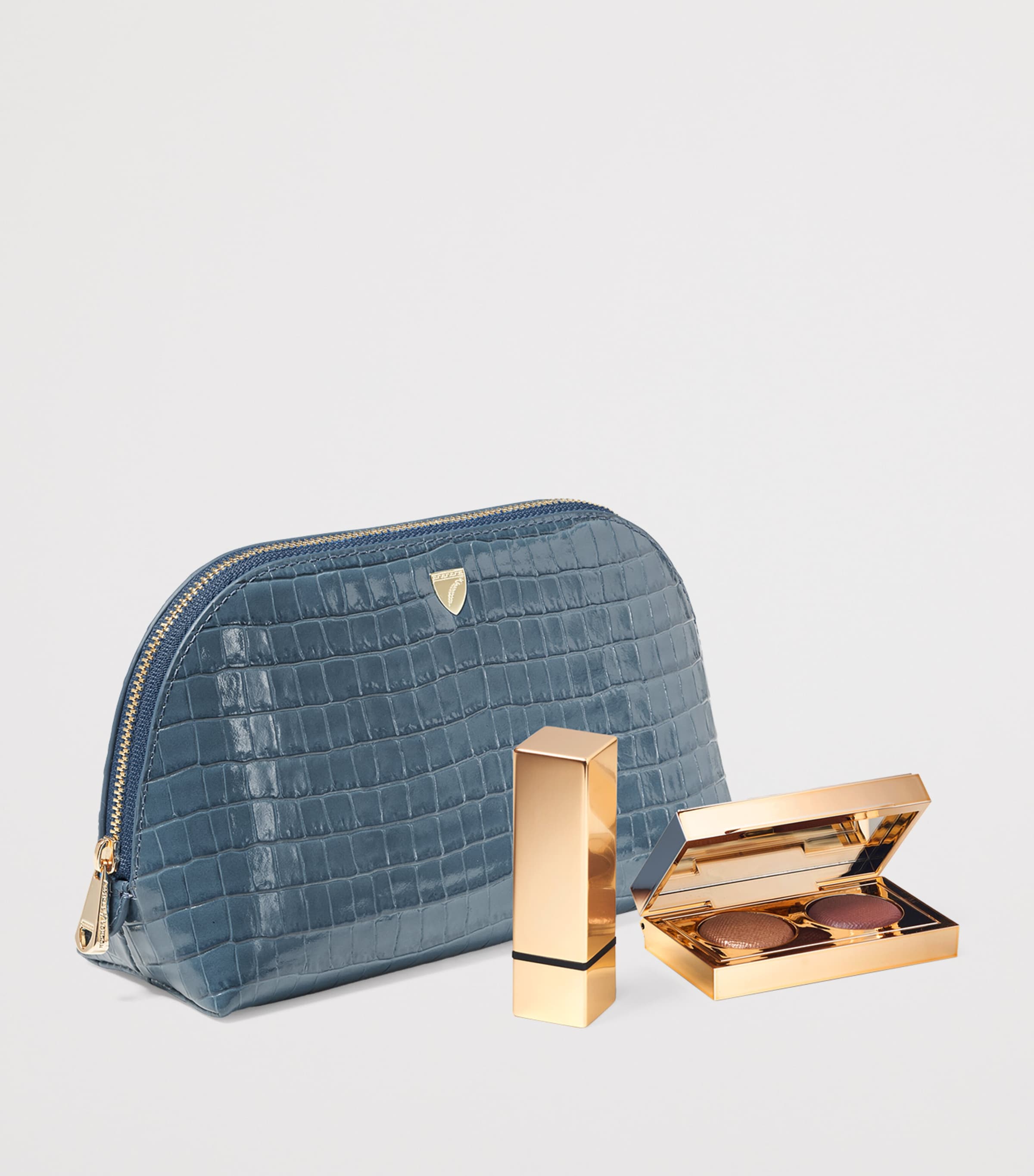Aspinal Of London Small Leather Croc-Embossed Cosmetic Case Peacock Image 3