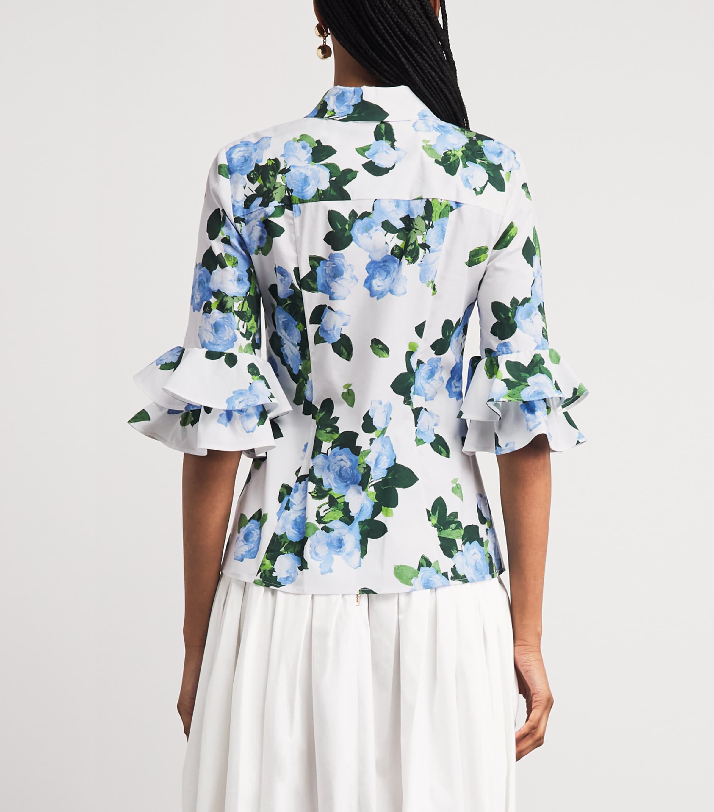 Carolina Herrera Womens Rose Print Ruffle-Sleeve Shirt White Multi Image 5