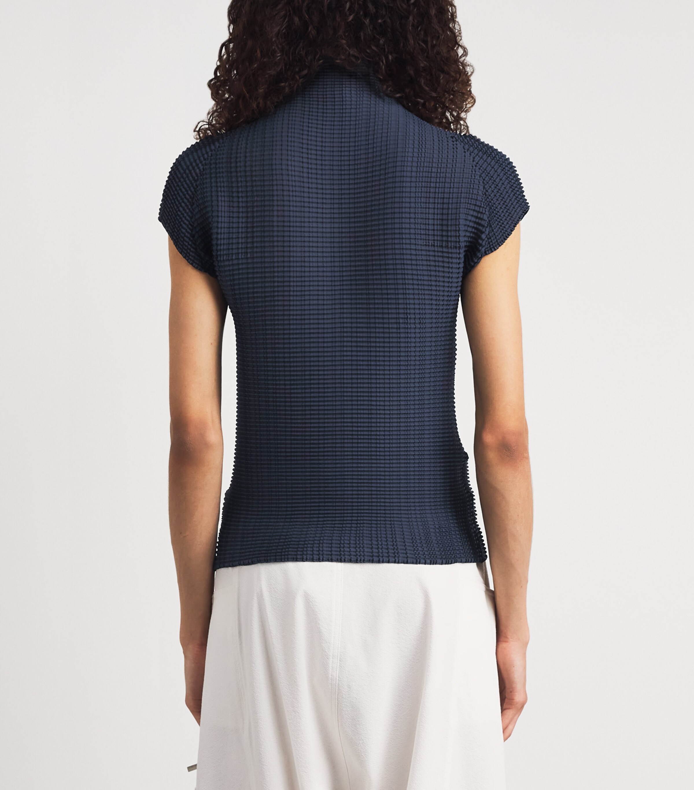 Issey Miyake Womens Wooly Pleats Mock-Neck Top Dark Navy Image 5