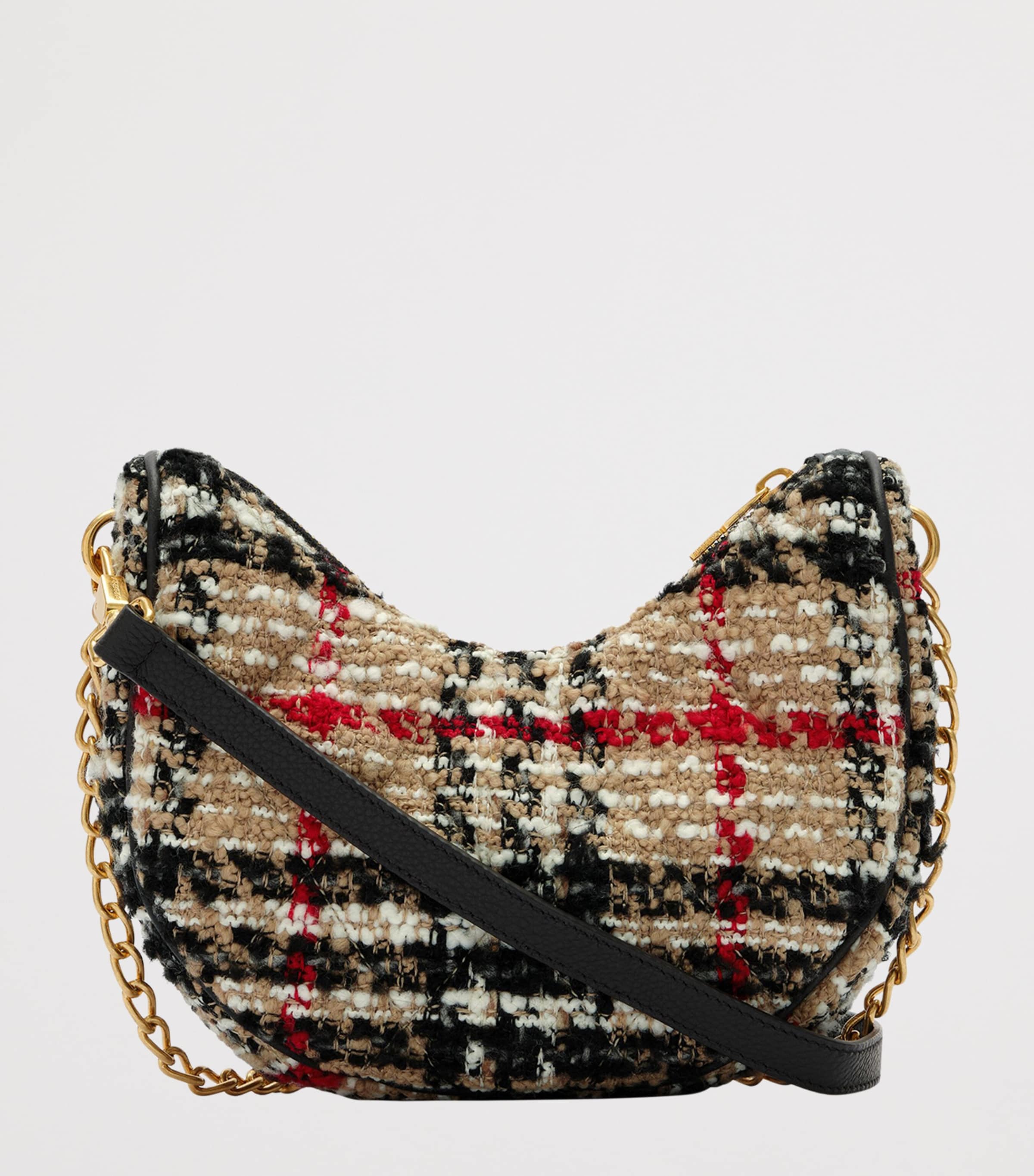Burberry Beige Bouclé Check Horseshoe Shoulder Bag | Harrods JP