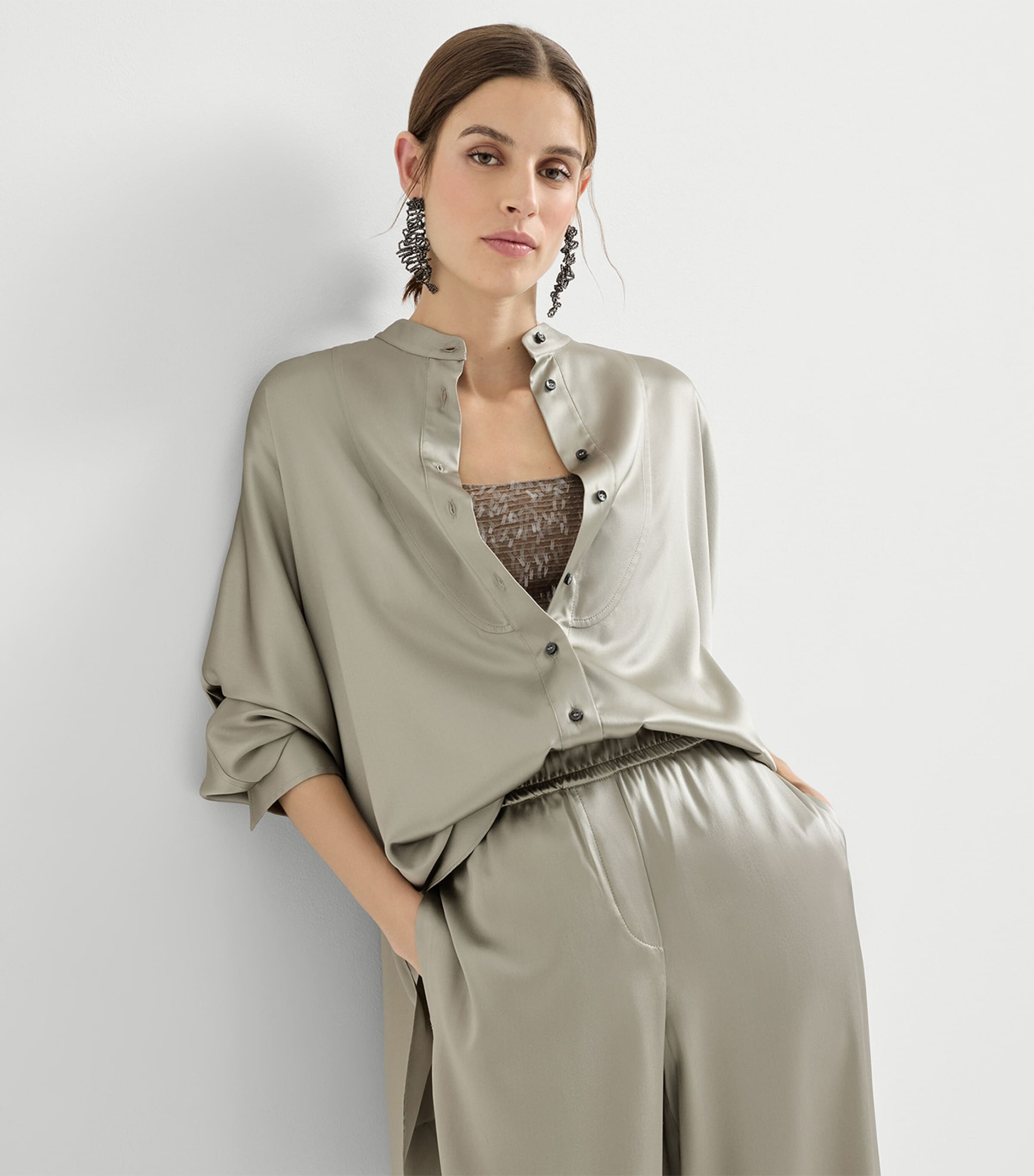 Stretch-Silk Mandarin-Collar Shirt C9125 Image 4