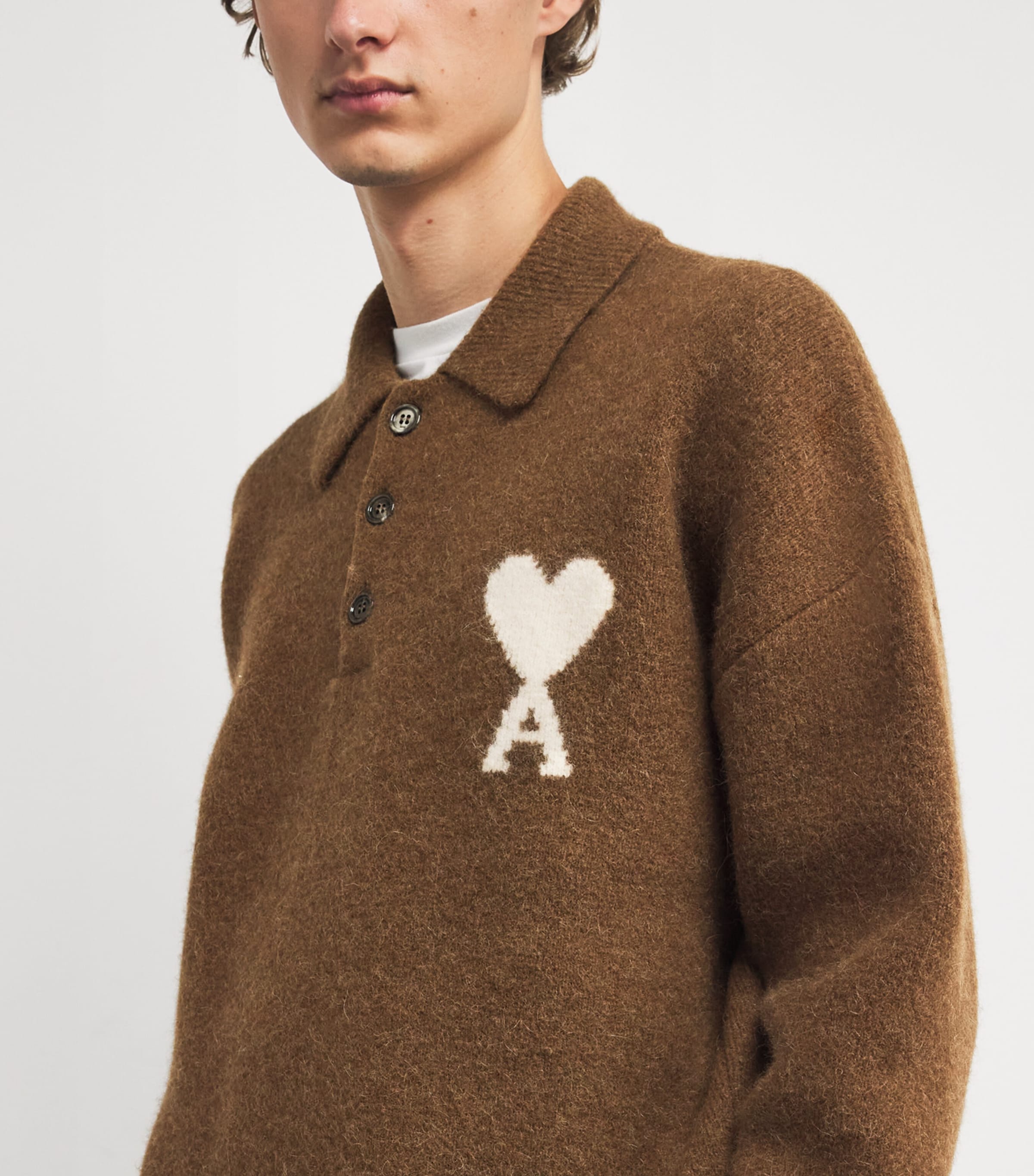 AMI Paris Brown Alpaca-Blend Polo Sweater | Harrods VE