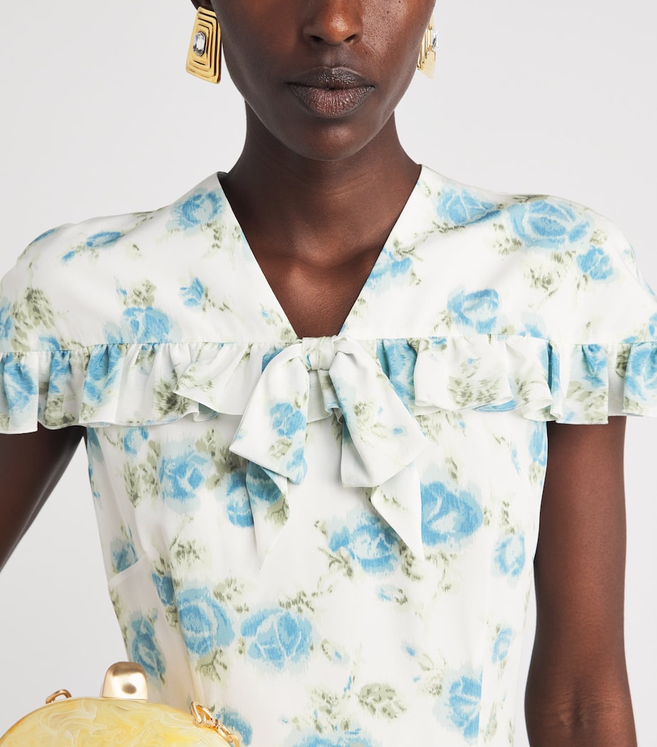 Alessandra Rich Womens Silk Floral Ruffled Midi Dress Blue White Image 3