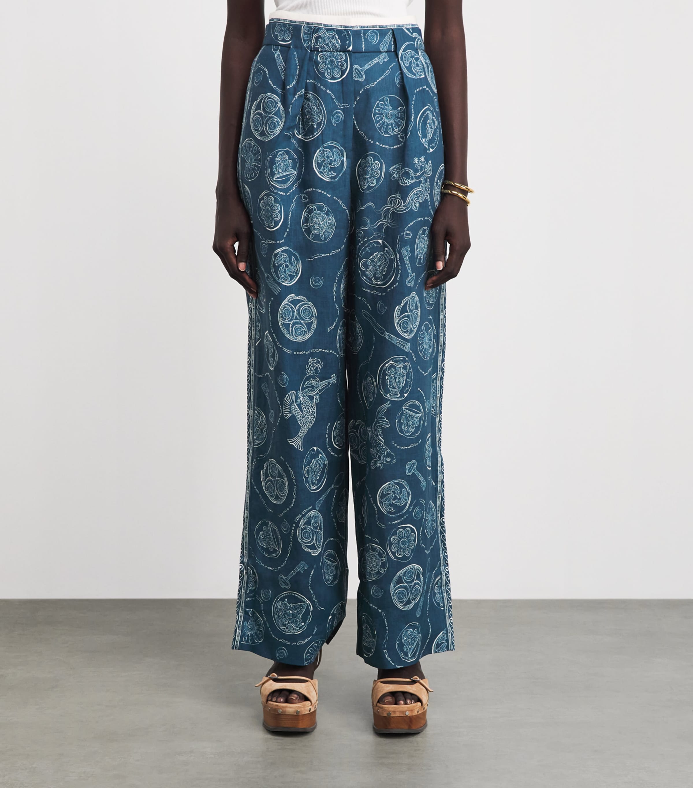 ALEMAIS Womens Linen Printed Lucky Trousers Blue Image 4