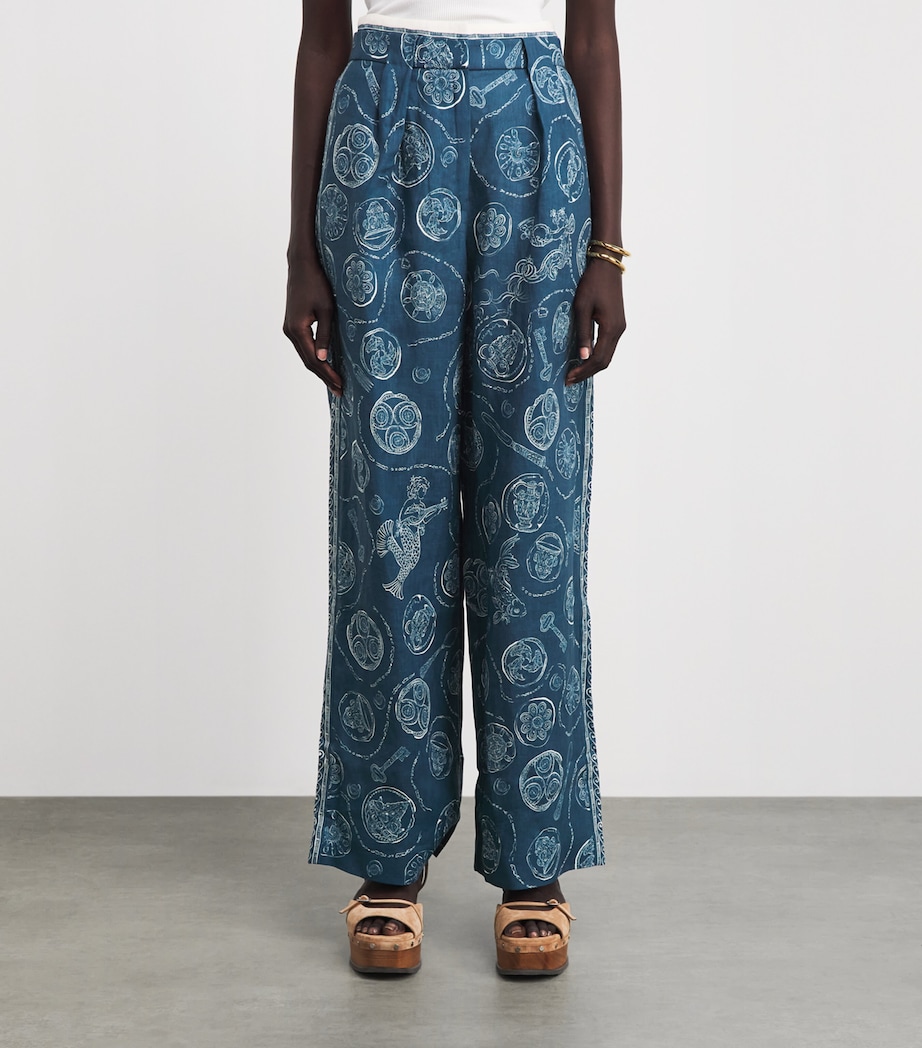 ALEMAIS Womens Linen Printed Lucky Trousers Blue Image 4
