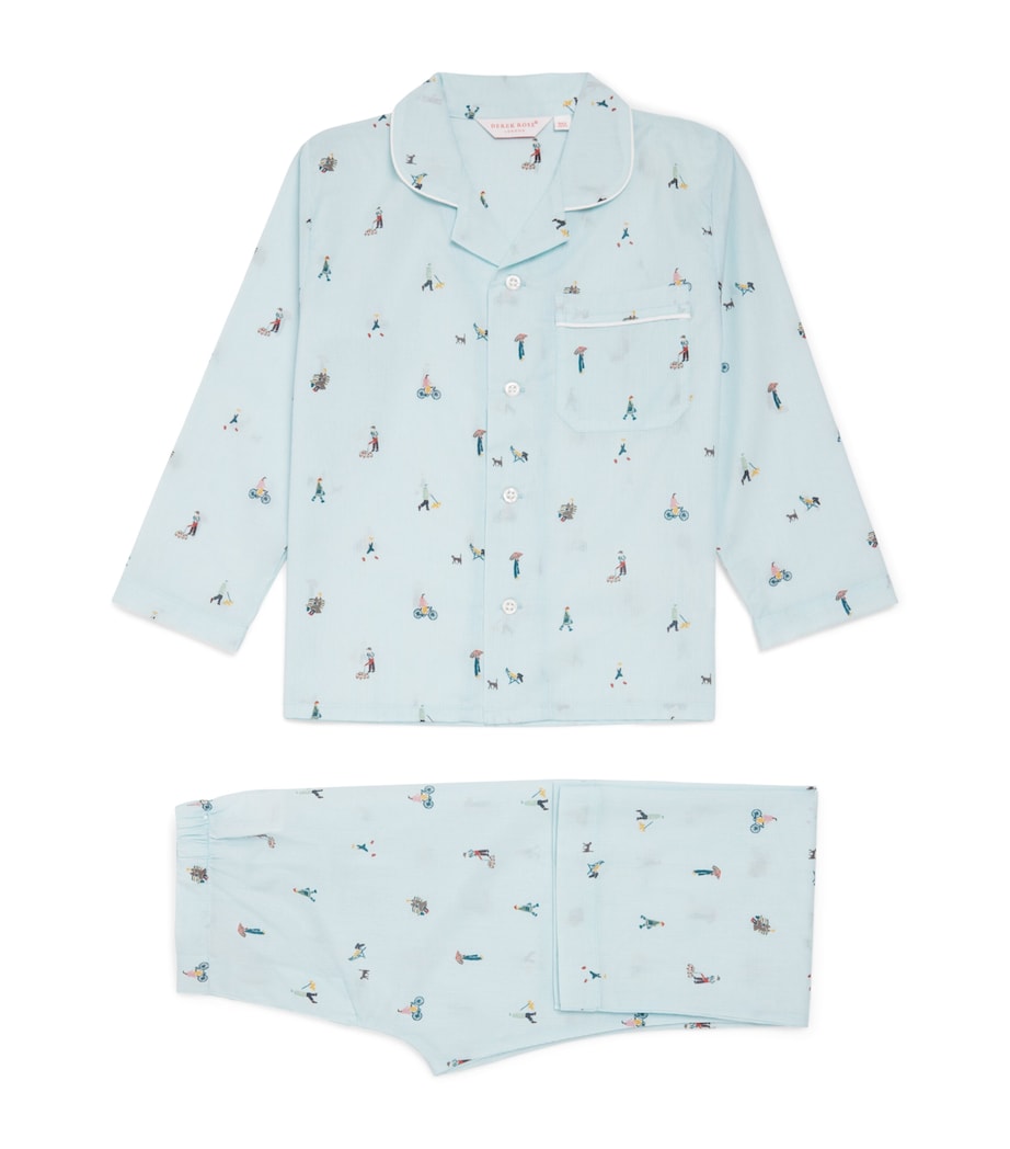 Derek Rose Kids Cotton Embroidered Pyjamas (3-16 Years) Blue Image 1