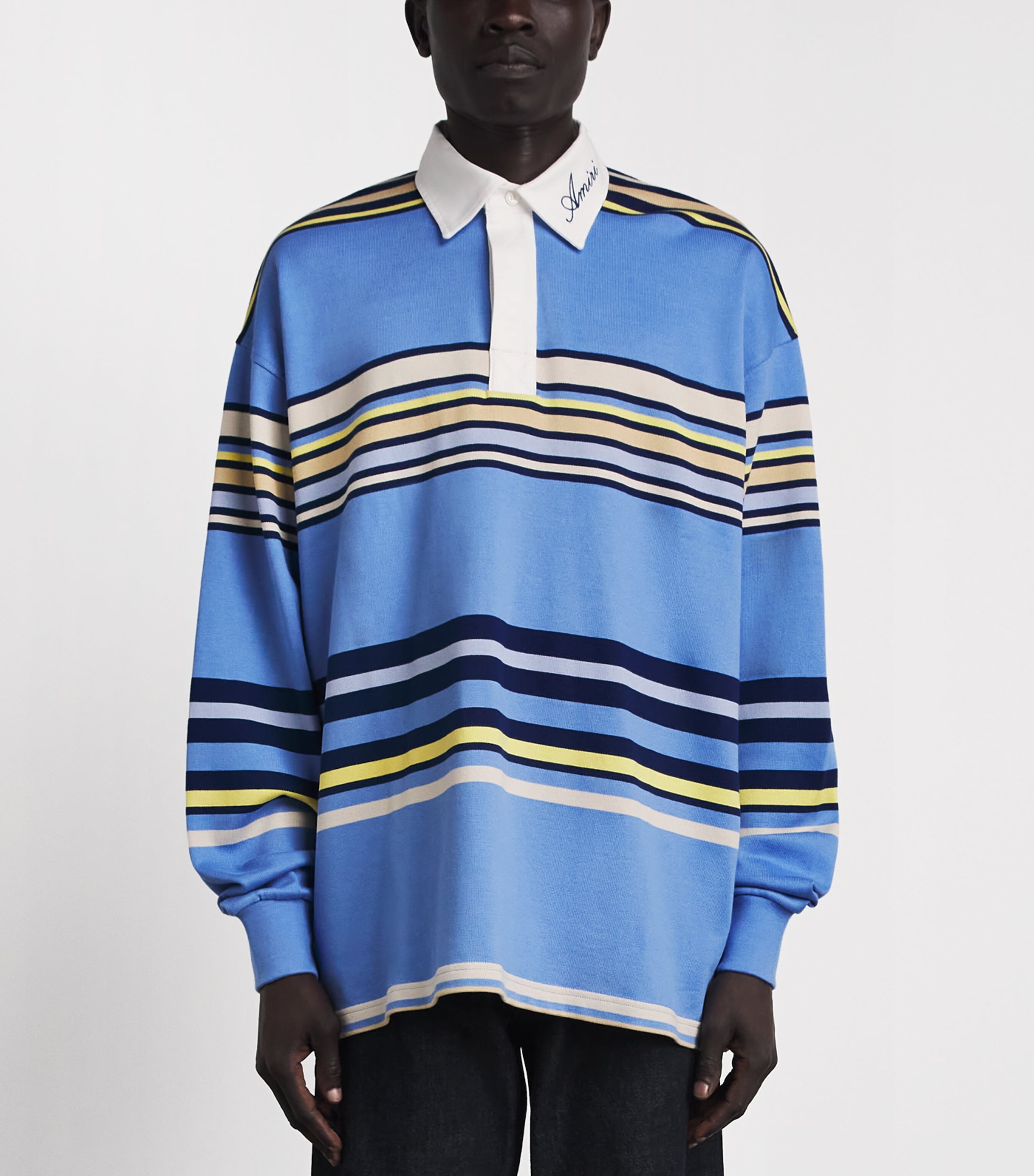 AMIRI Mens Cotton Stripe Polo Shirt Blue Image 4