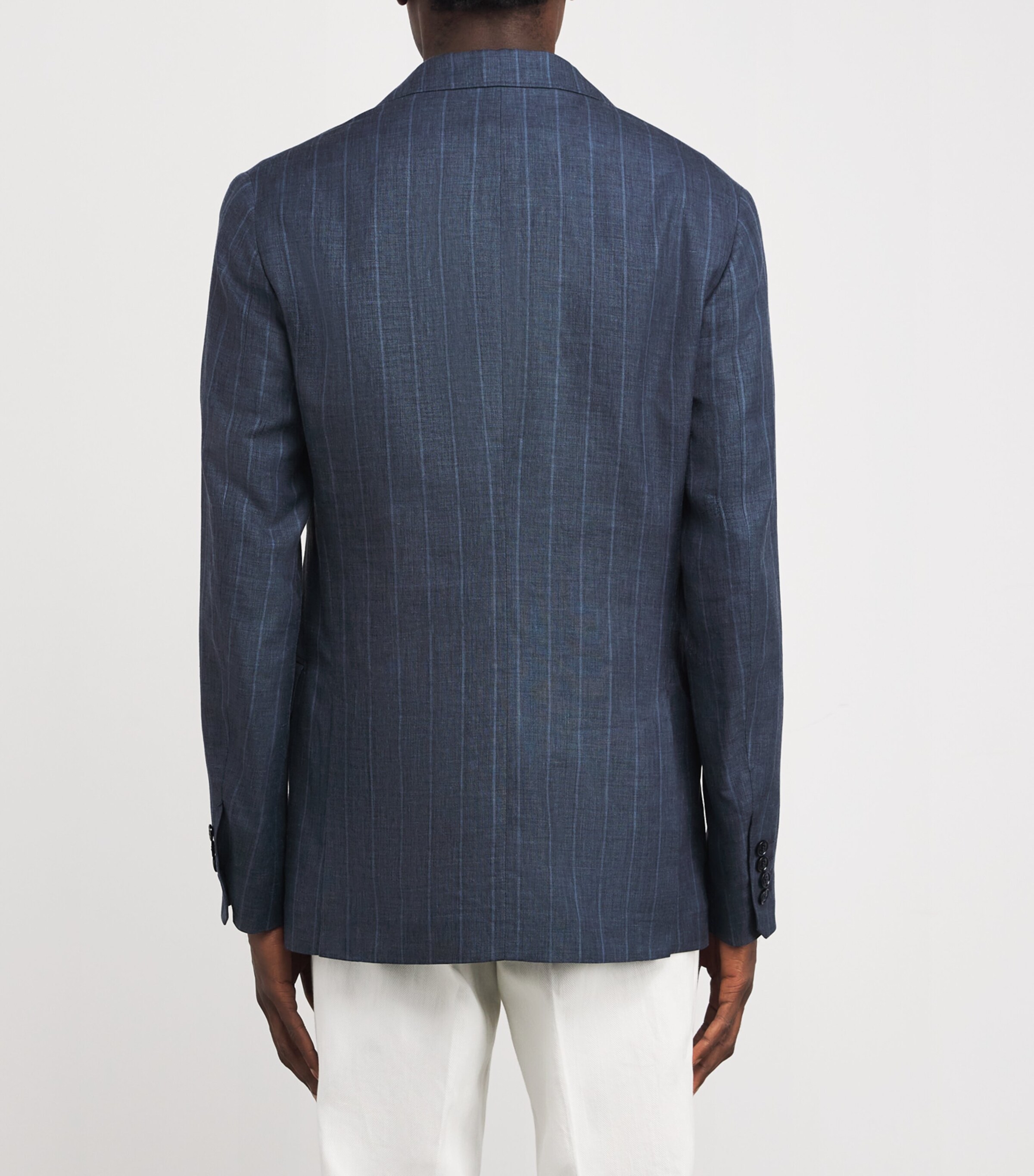Brett Johnson Mens Wool-Linen-Silk Double-Breasted Blazer Navy Pinstripe Image 4