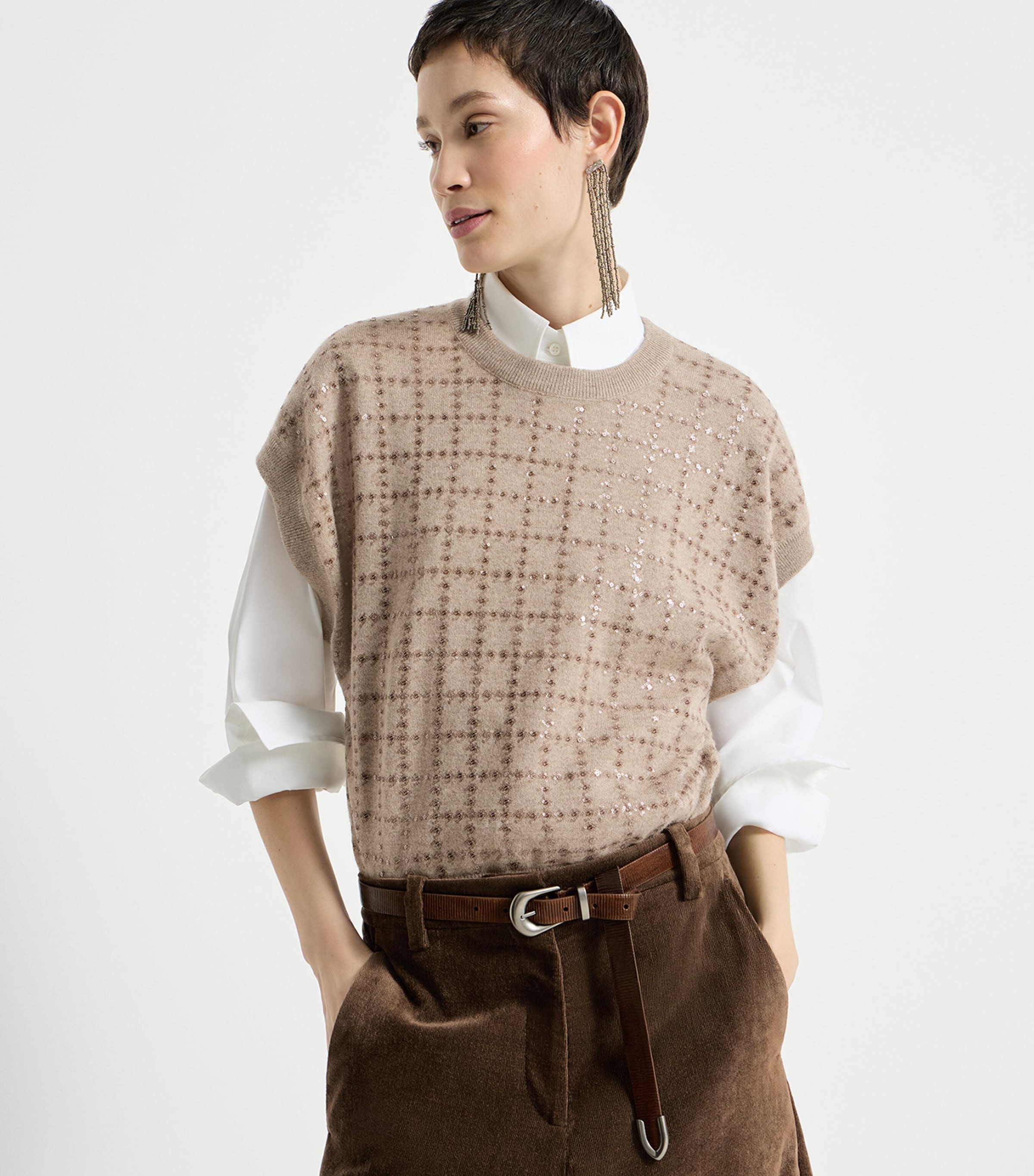 Brunello Cucinelli Womens Cashmere Sequin Check Knit T-Shirt Brown Image 2