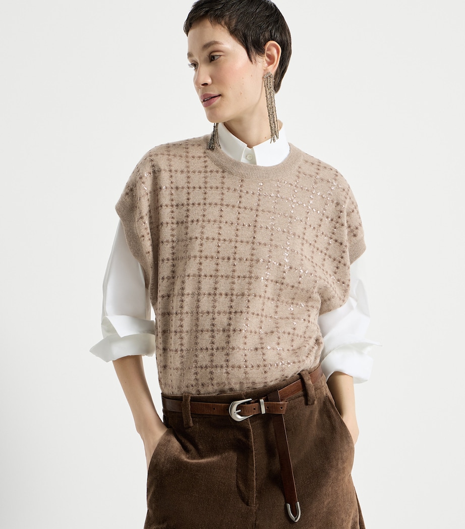 Brunello Cucinelli Womens Cashmere Sequin Check Knit T-Shirt Brown Image 2