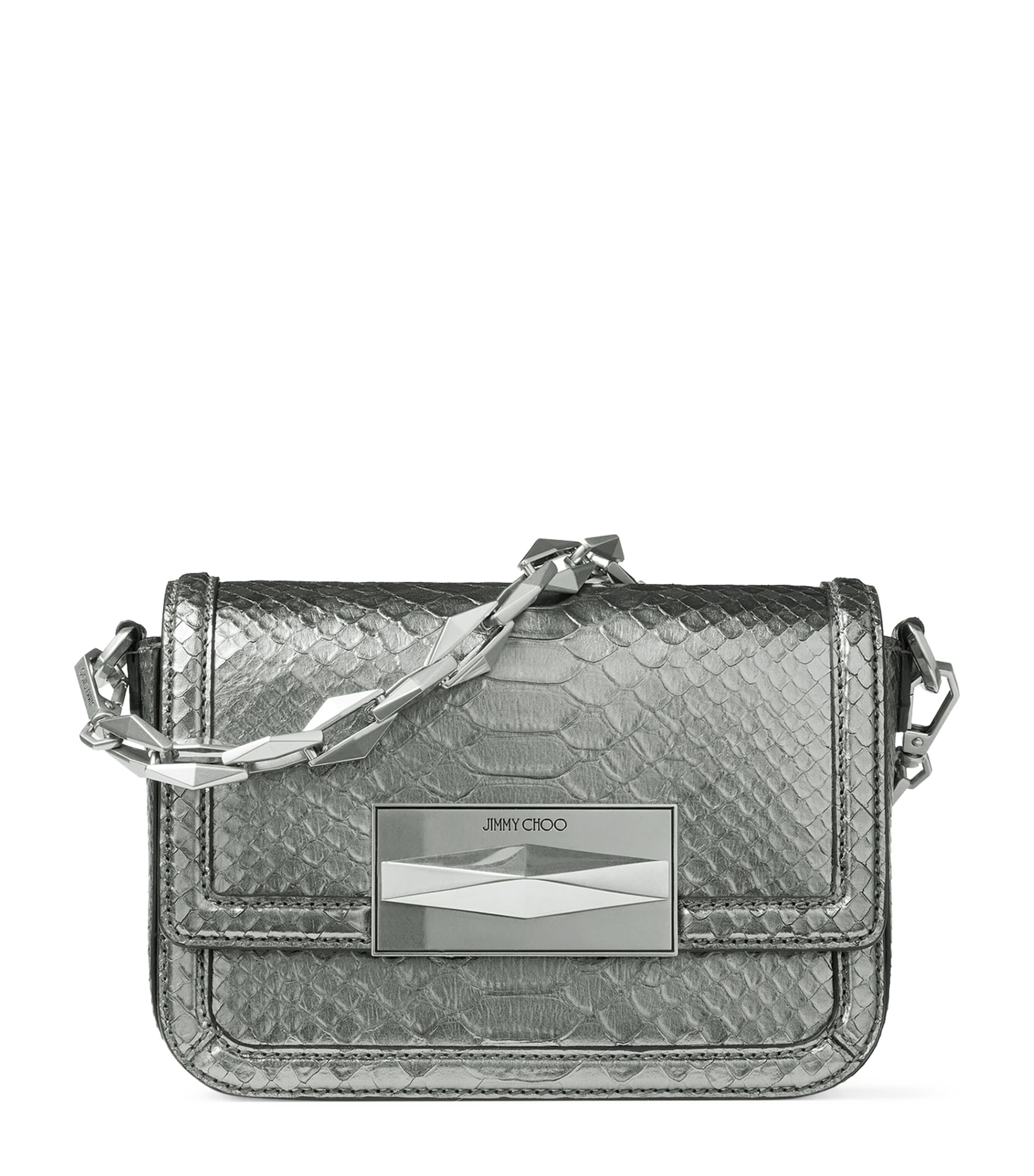 JIMMY CHOO LEATHER SNAKESKIN-EMBOSSED DIAMOND CROSS-BODY BAG 