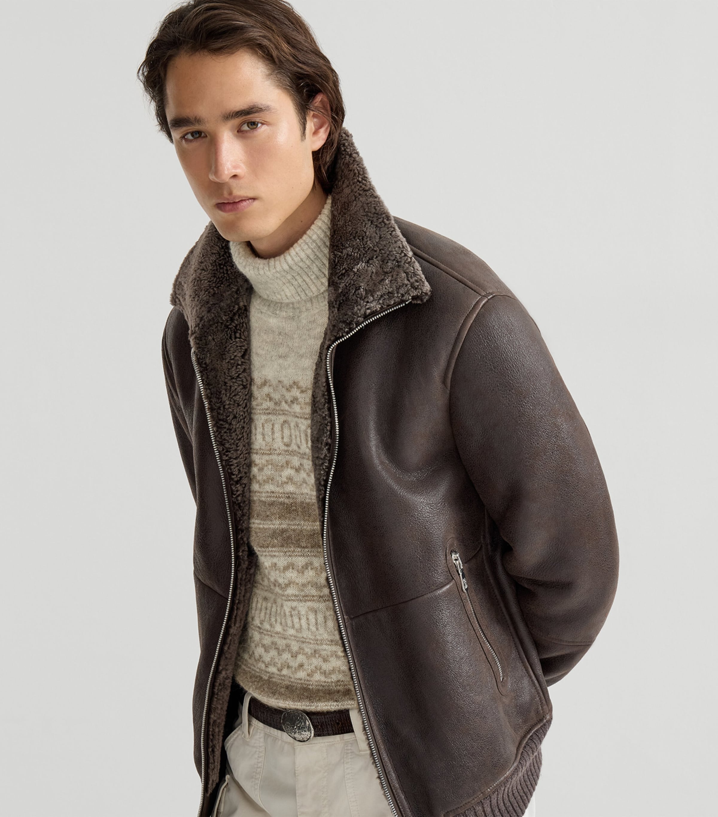 Brunello Cucinelli Mens Shearling Bomber Jacket Image 4