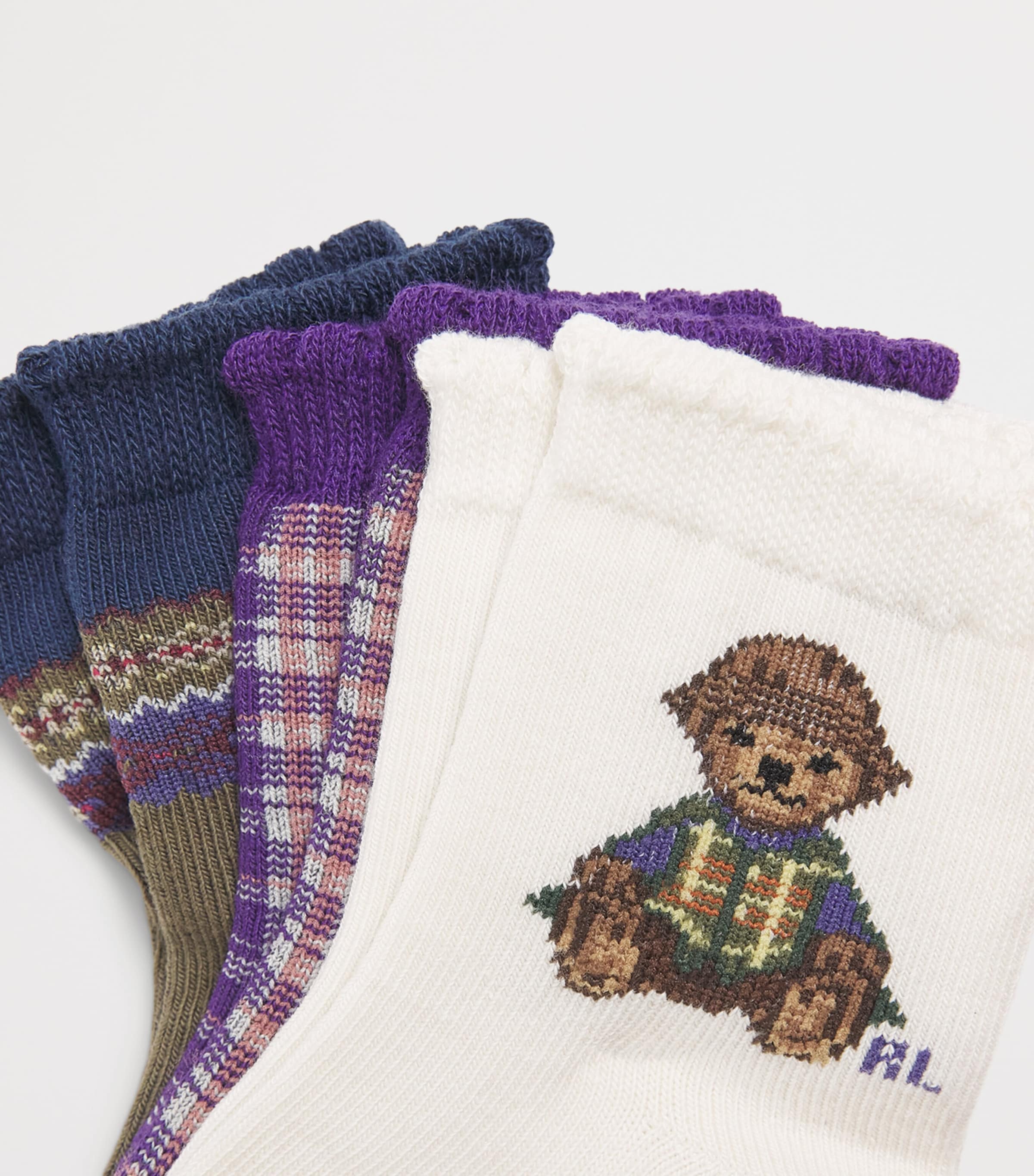 Ralph Lauren Kids Cotton-Bend Polo Bear Socks (Pack of 3) Ivory/ Purple/ Olive Image 2
