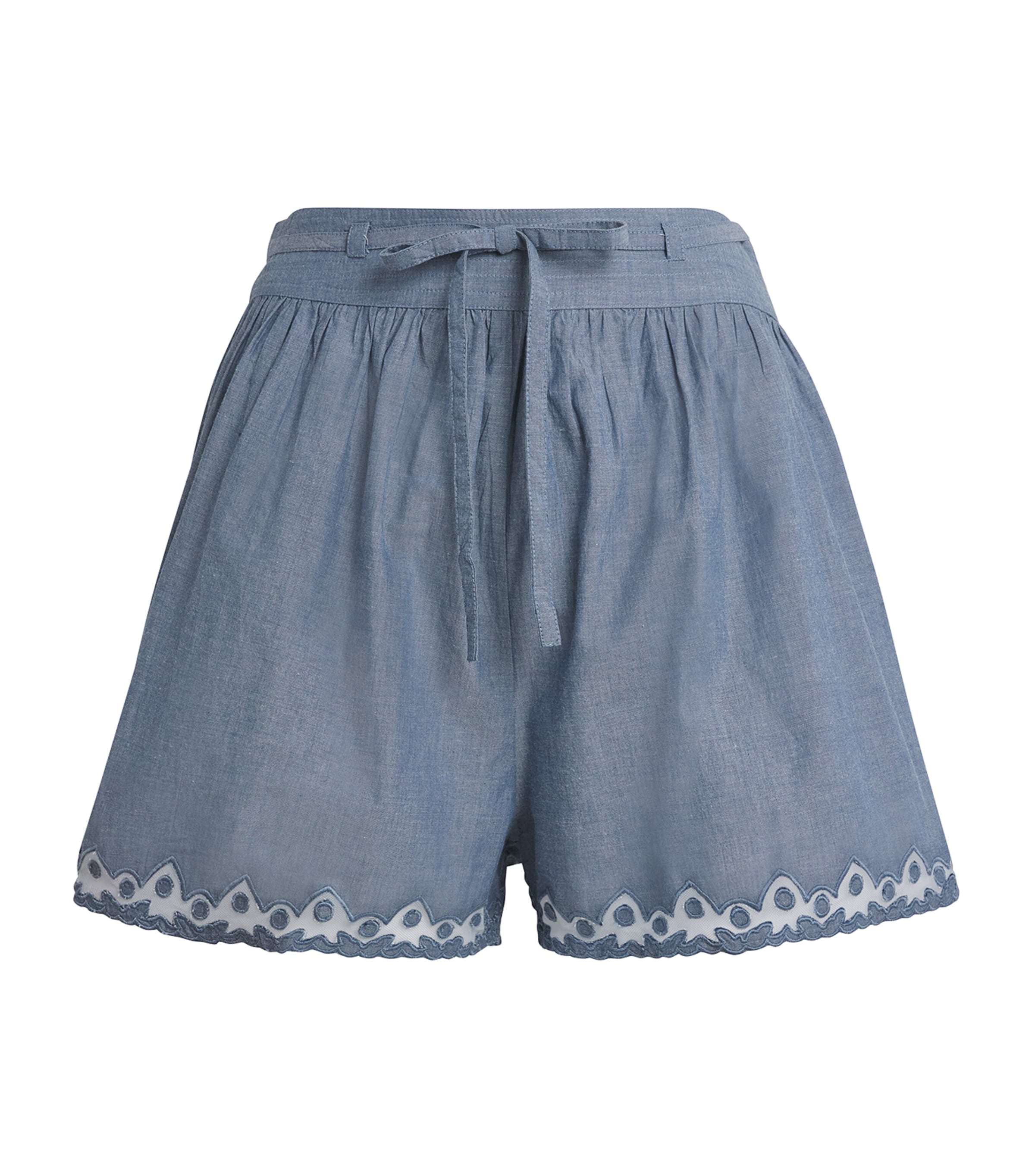 Ulla Johnson Elowen Belted Tulle-trimmed Embroidered Cotton-chambray Shorts In Blue