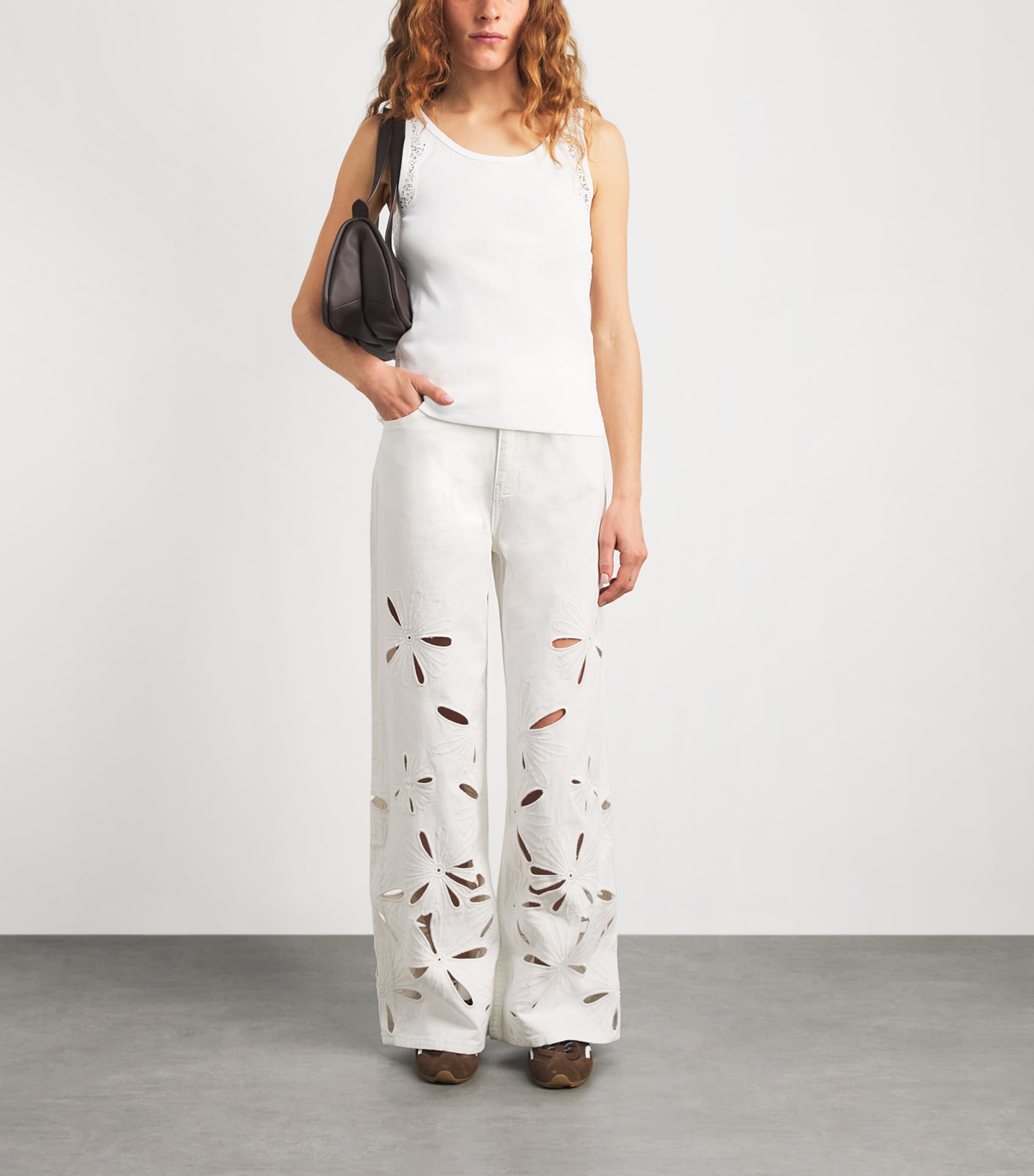 Sandro Paris Womens Embroidered Cut-Out Wide-Leg Jeans White Image 2