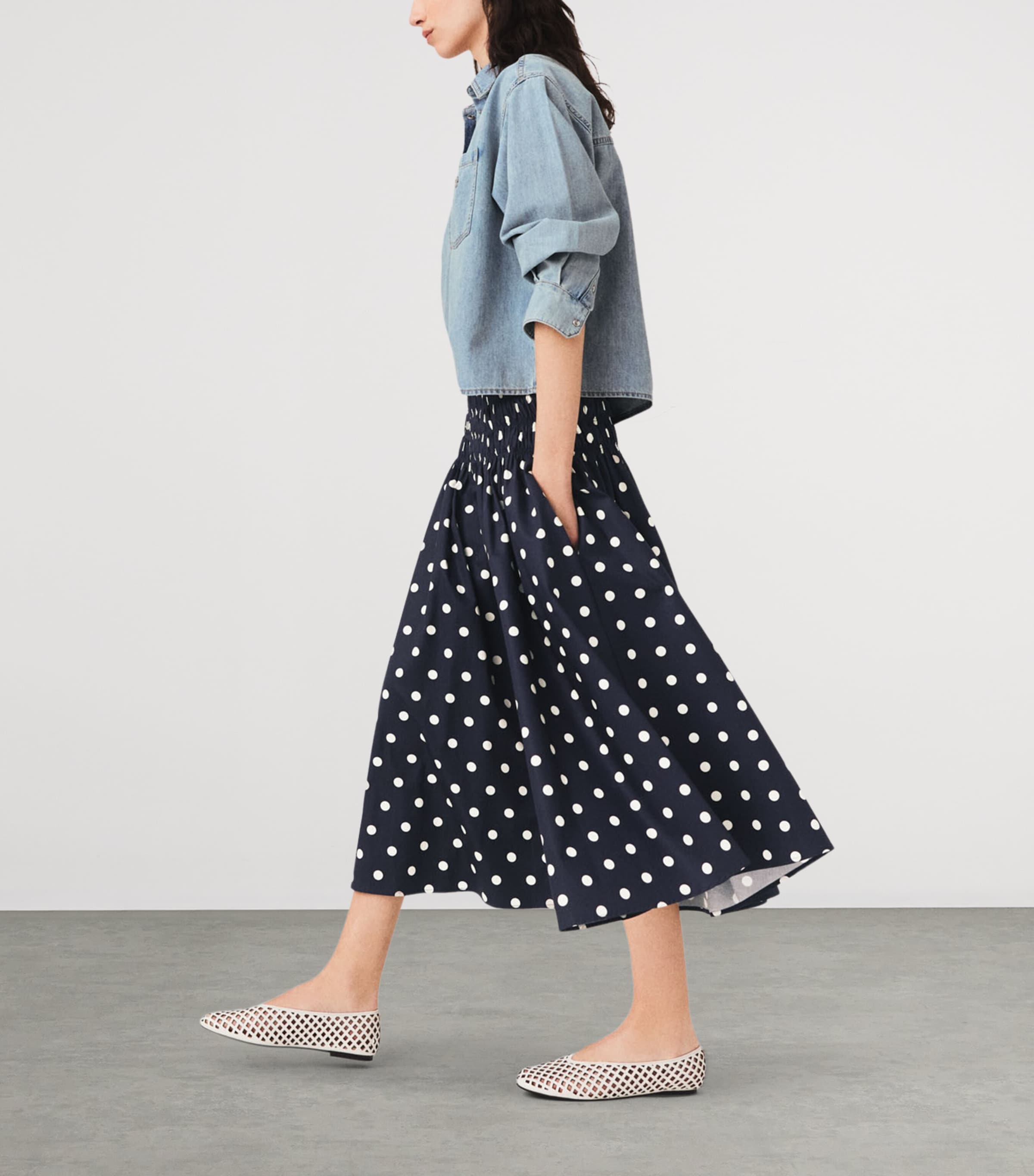 Maje Womens Cotton Polka-Dot Maxi Skirt Navy Dots Print Image 3