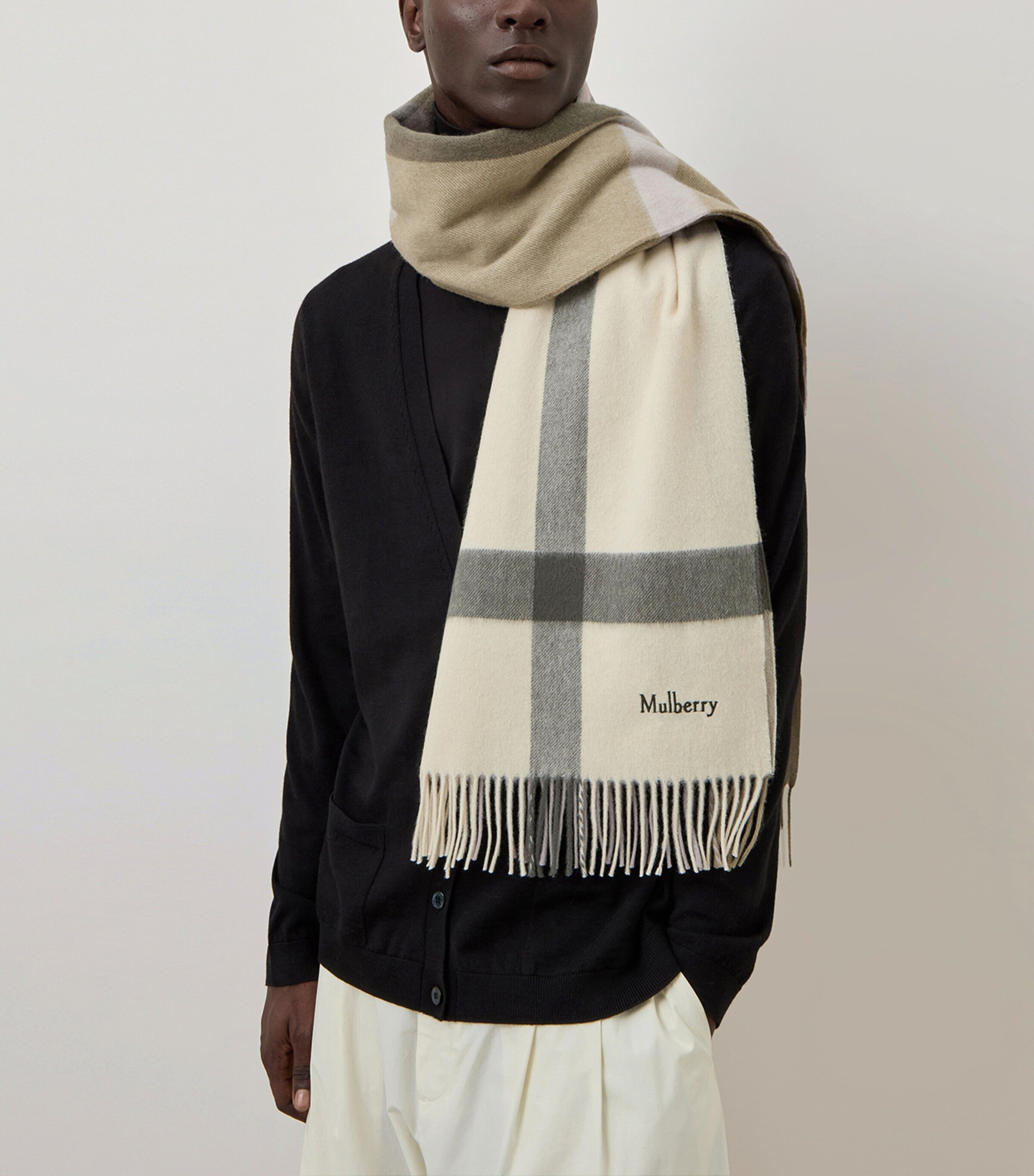 Mulberry Large Merino Wool Check Scarf Eggshell Olive Image 2