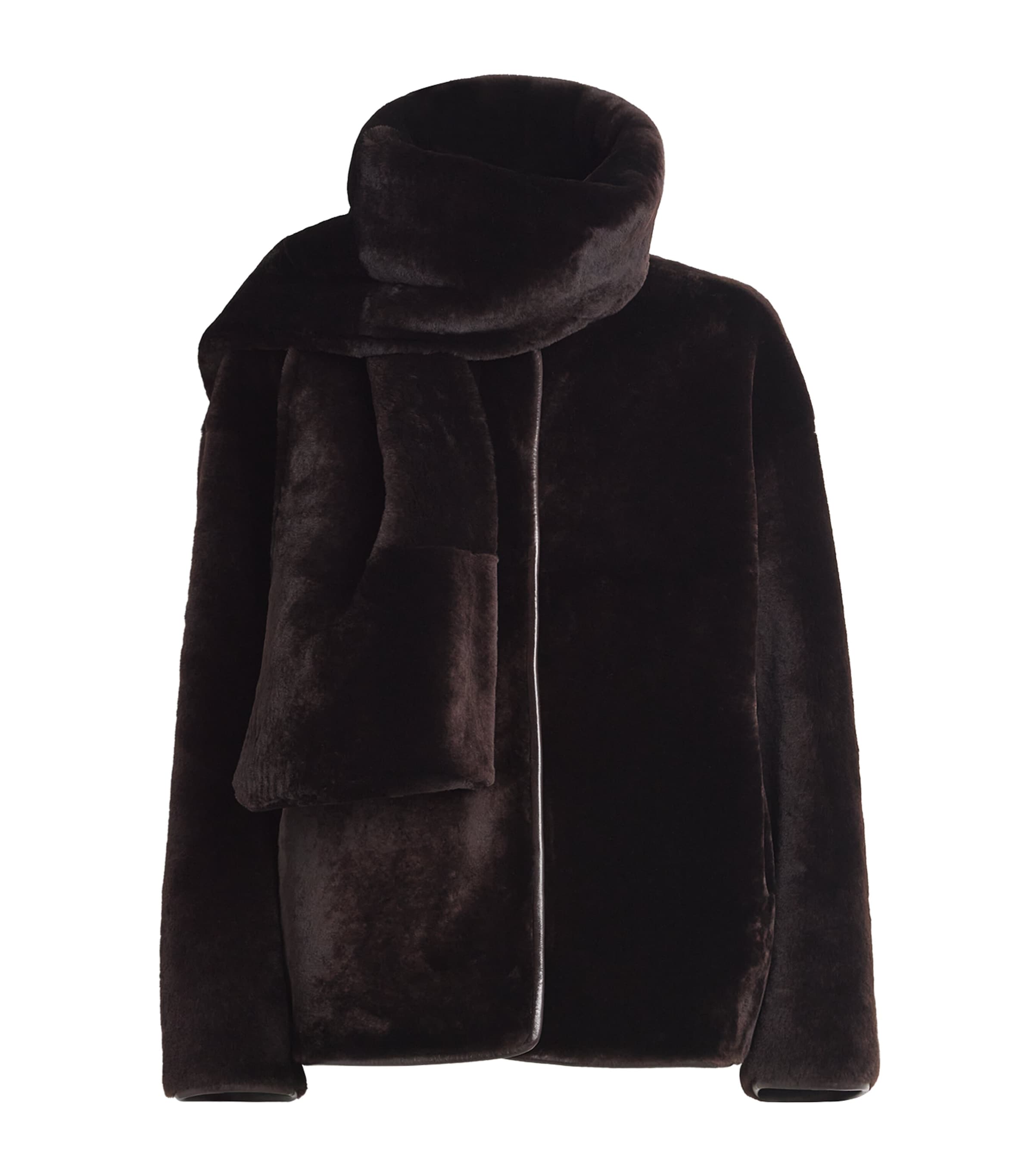 NOUR HAMMOUR Womens Lamb Fur Lyra Coat and Scarf Cocolat Fondant Image 1