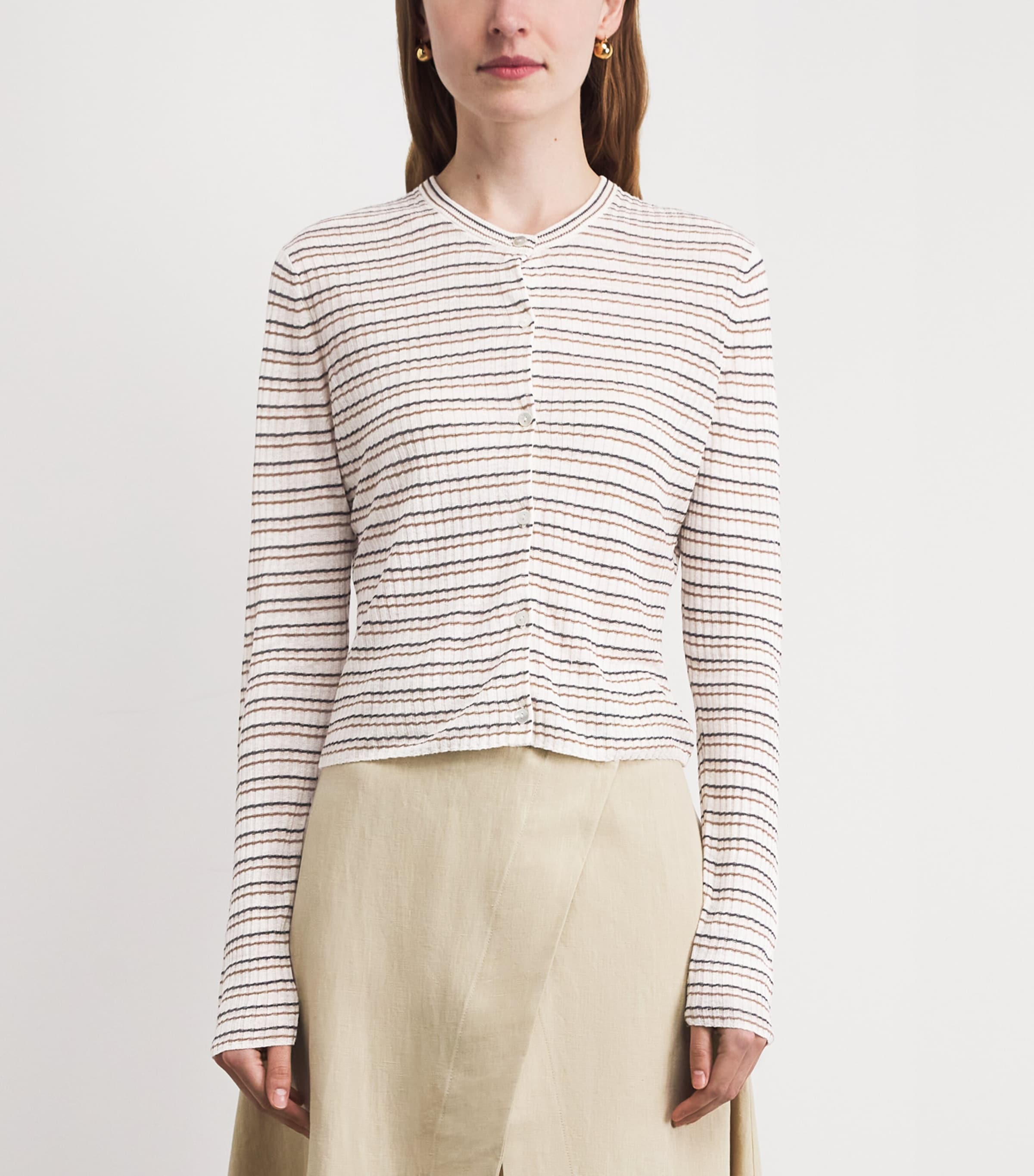 Theory Womens Linen-Blend Stripe Cardigan Bone Pink Multi Image 4