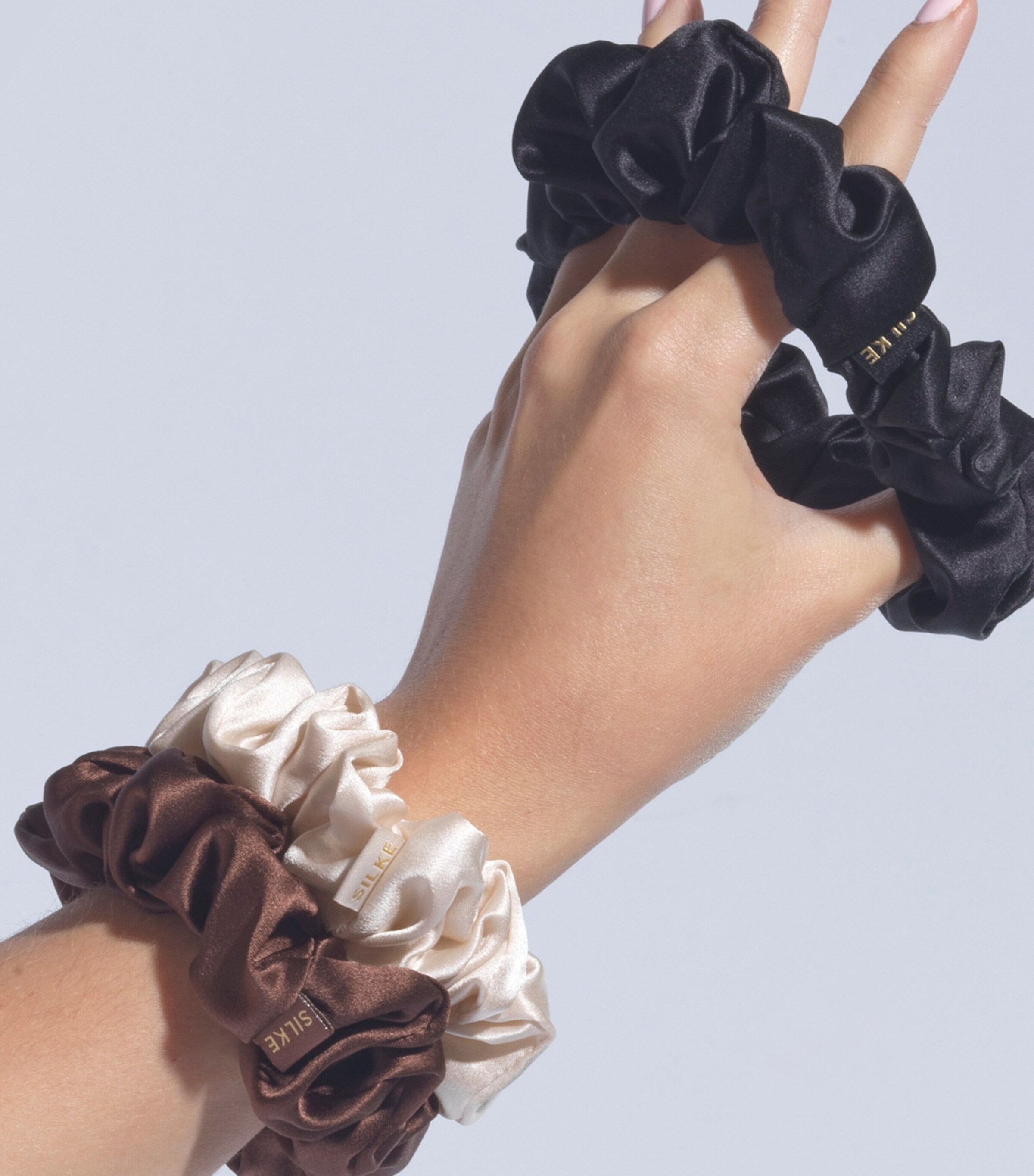 SILKE Mulberry Silk Hair Scrunchies (Set of 3) Classic Mix Brown, Champagne Image 4