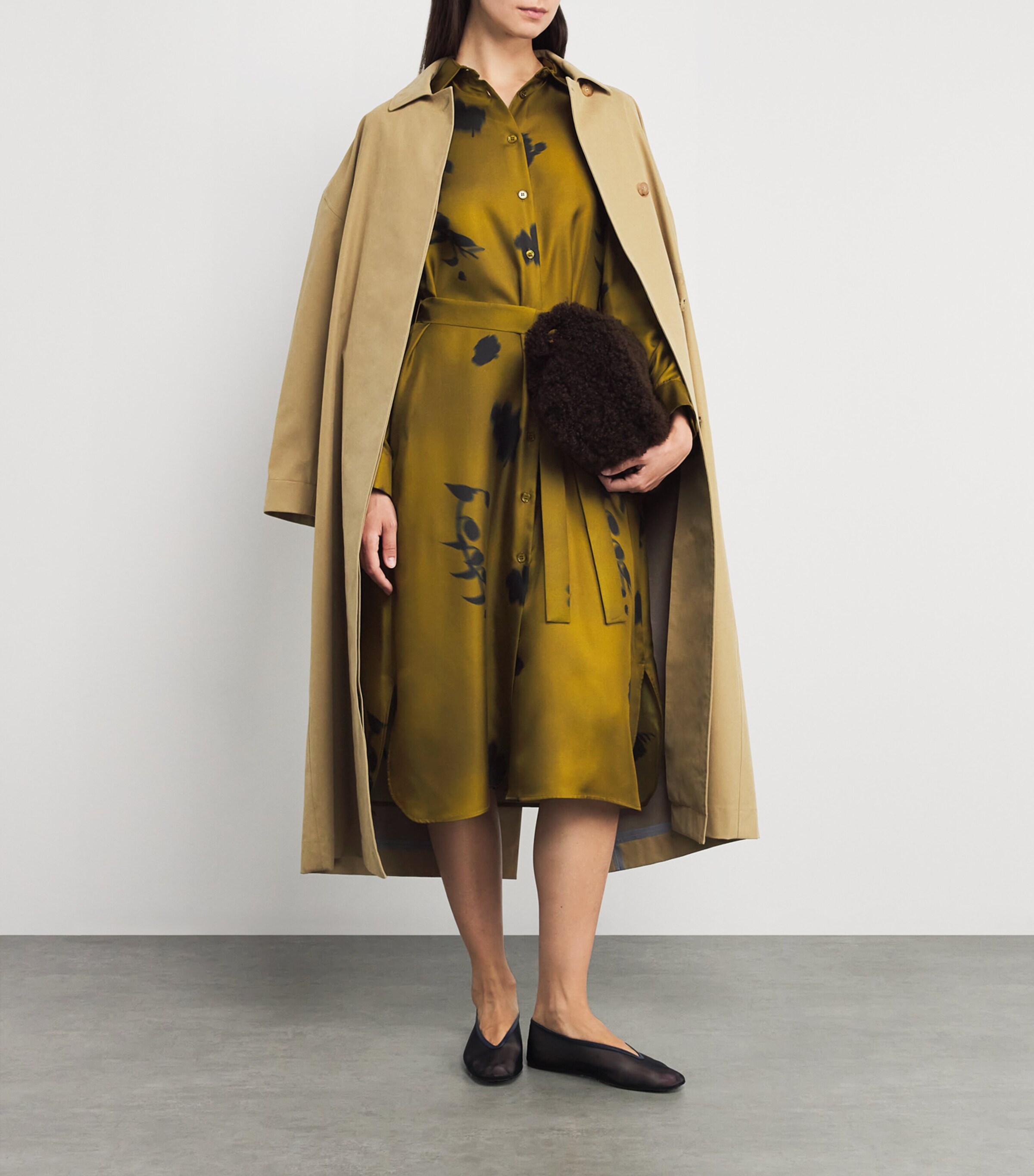 Silk Printed Jadi Midi Shirt Dress 001 OLIVE GREEN Image 2