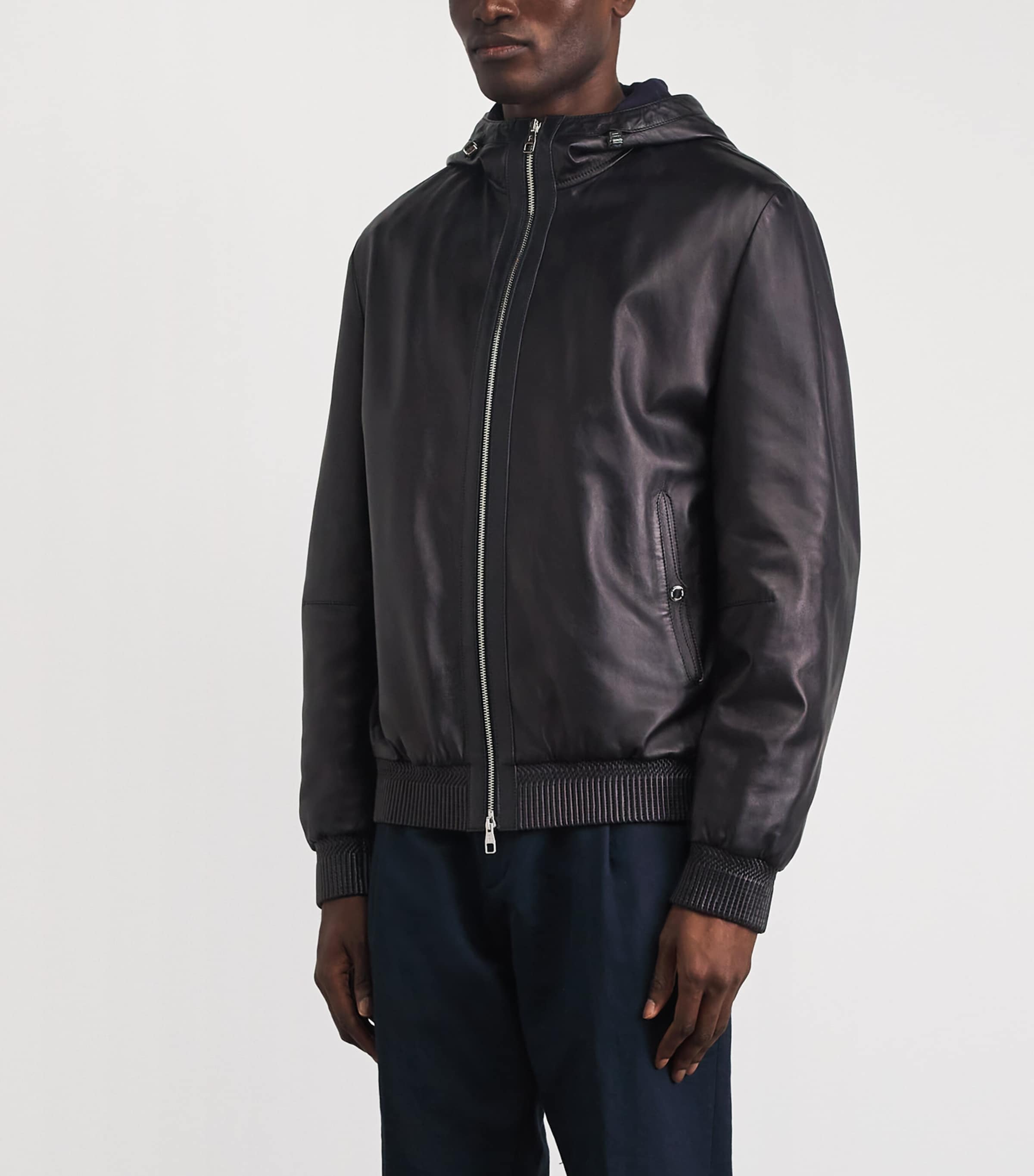 Brett Johnson Mens Hooded Leather Jacket Navy Image 4