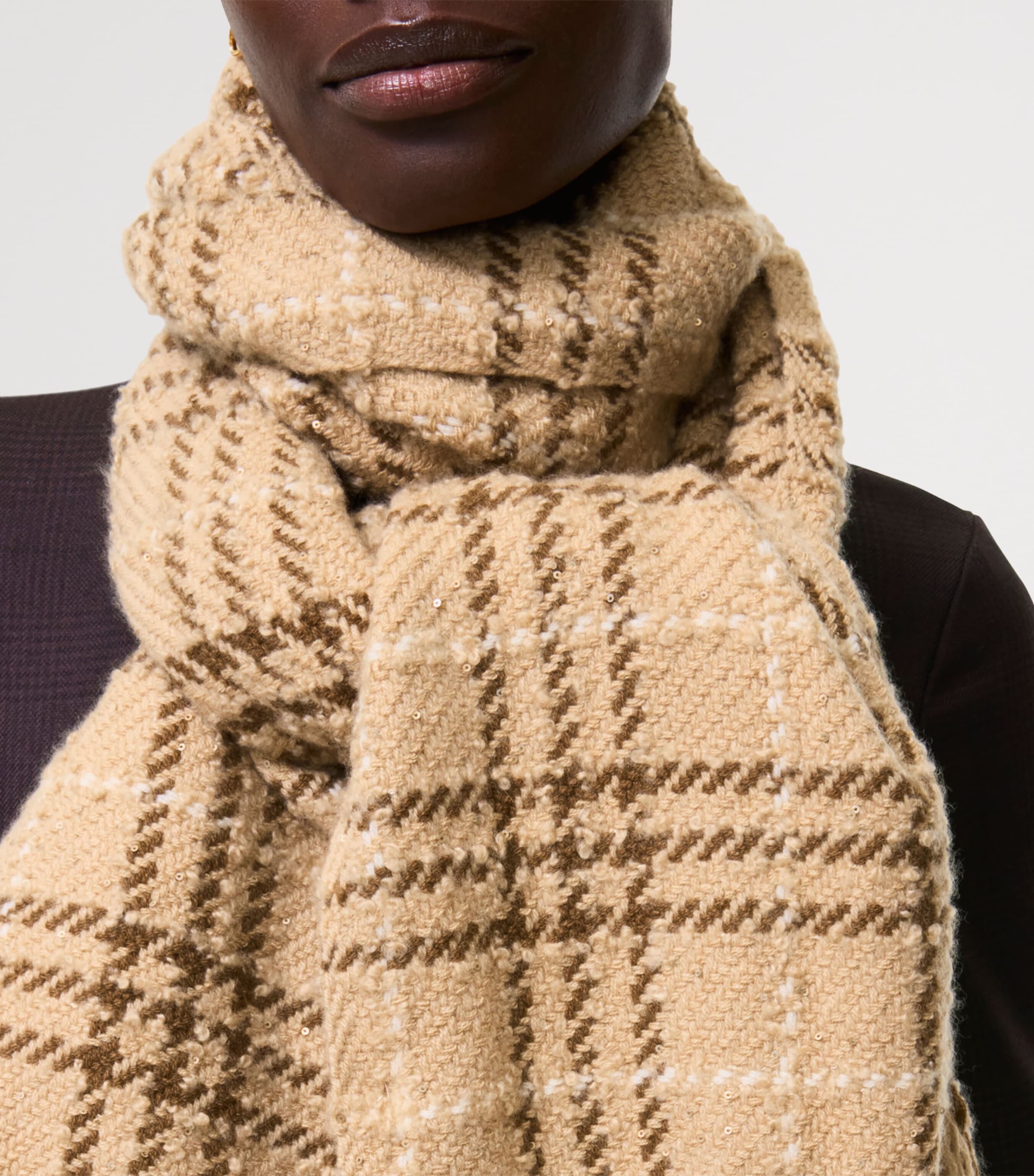 Burberry Cashmere-Wool-Silk Sequin Check Scarf Finch Beige Image 3