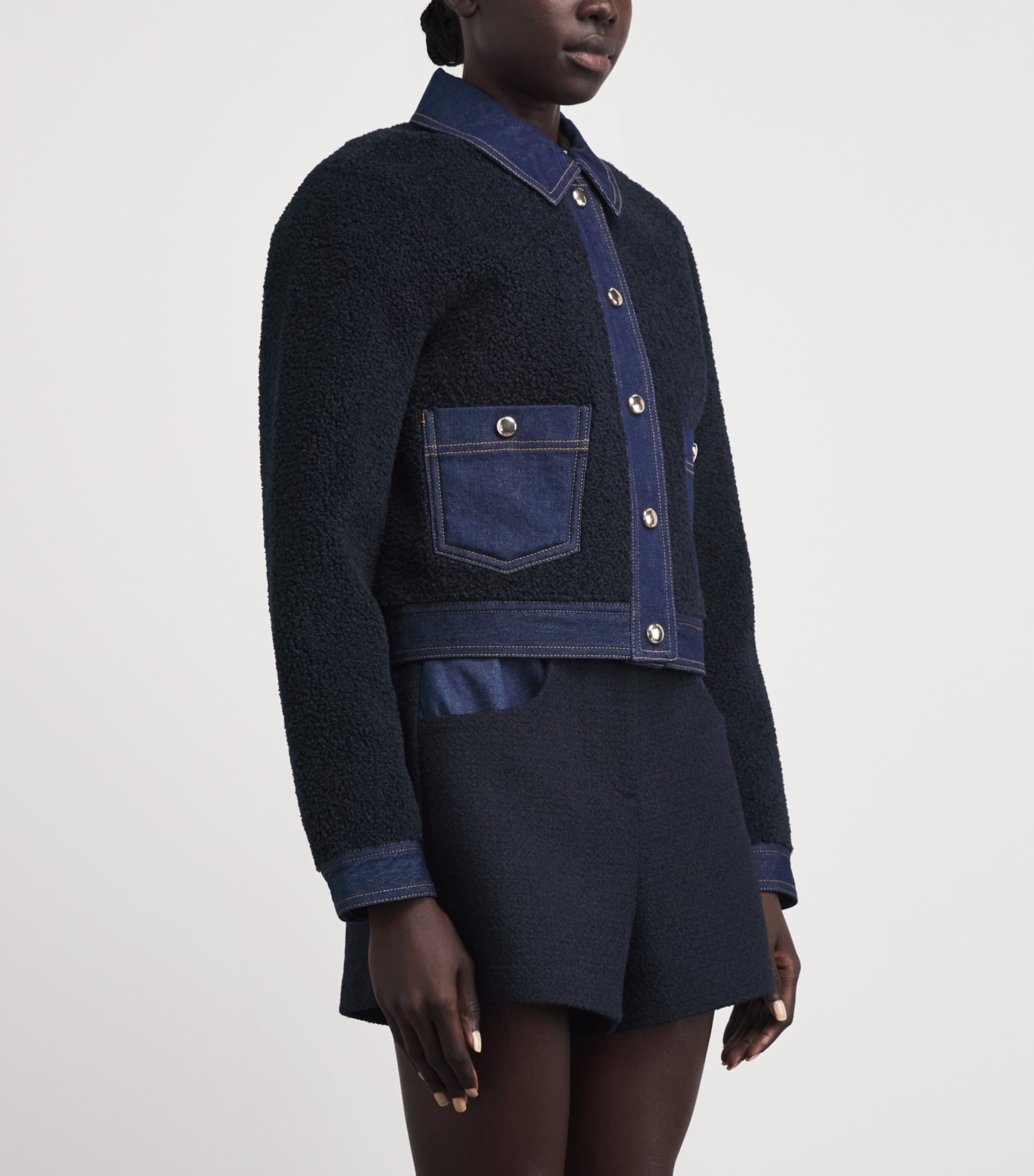 Maje Womens Bouclé Denim-Trim Jacket Navy Image 4