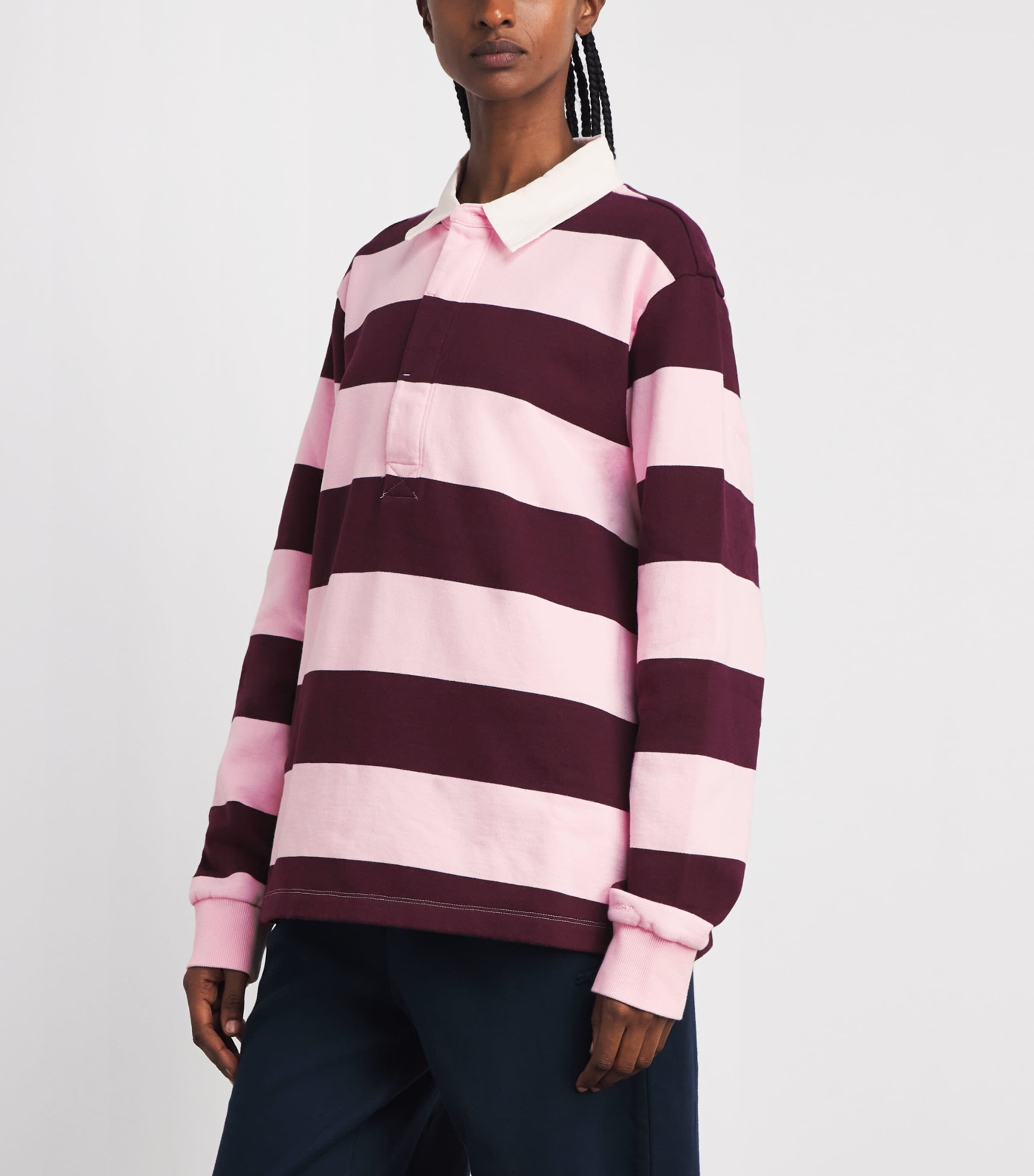 Skims Womens Oversized Boyfriend Fleece Polo Shirt Currant Rugby Stripe Image 4