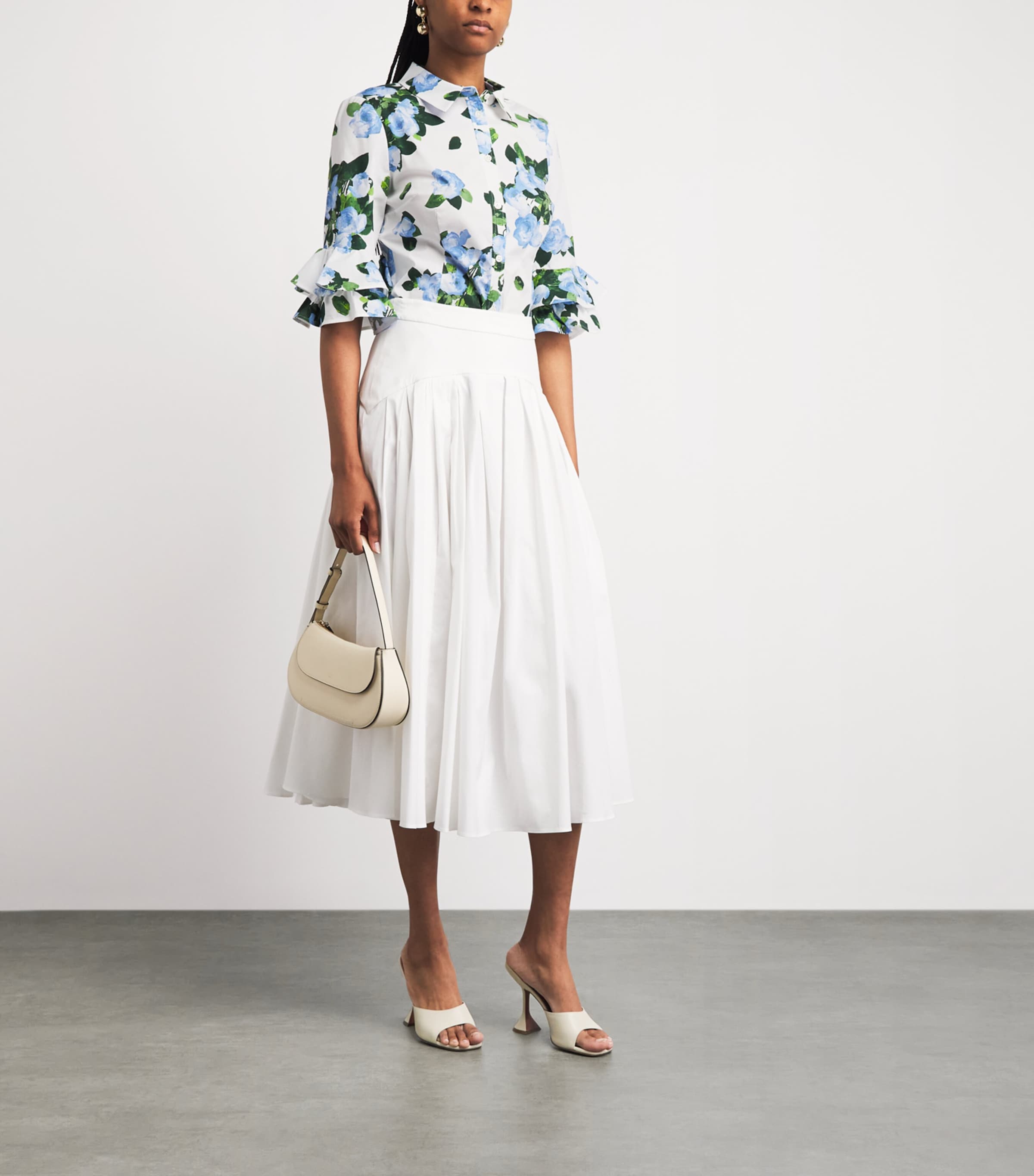 Carolina Herrera Womens Rose Print Ruffle-Sleeve Shirt White Multi Image 2