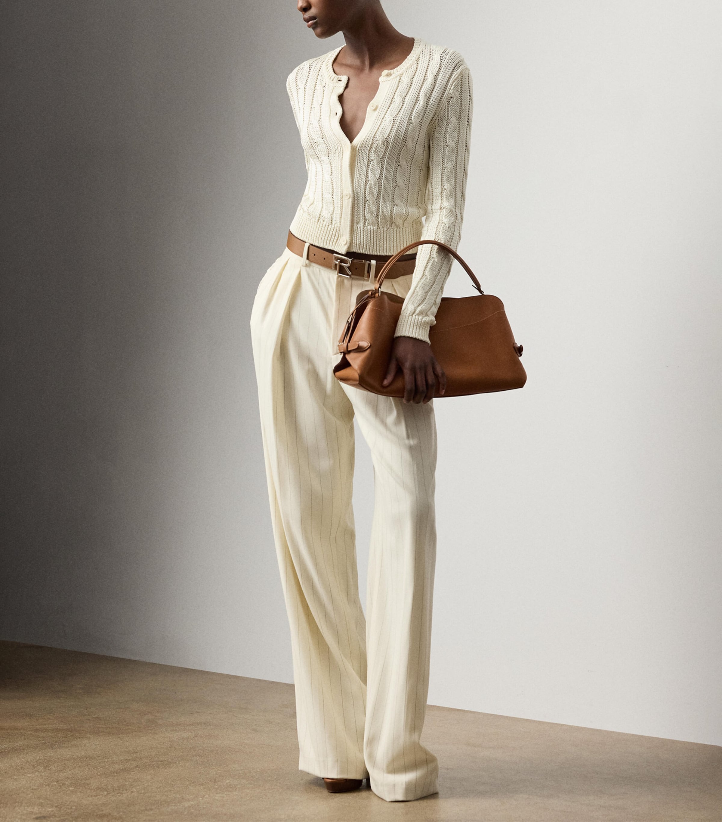 Ralph Lauren Collection Womens Silk Cable-Knit Cropped Cardigan Natural Image 2