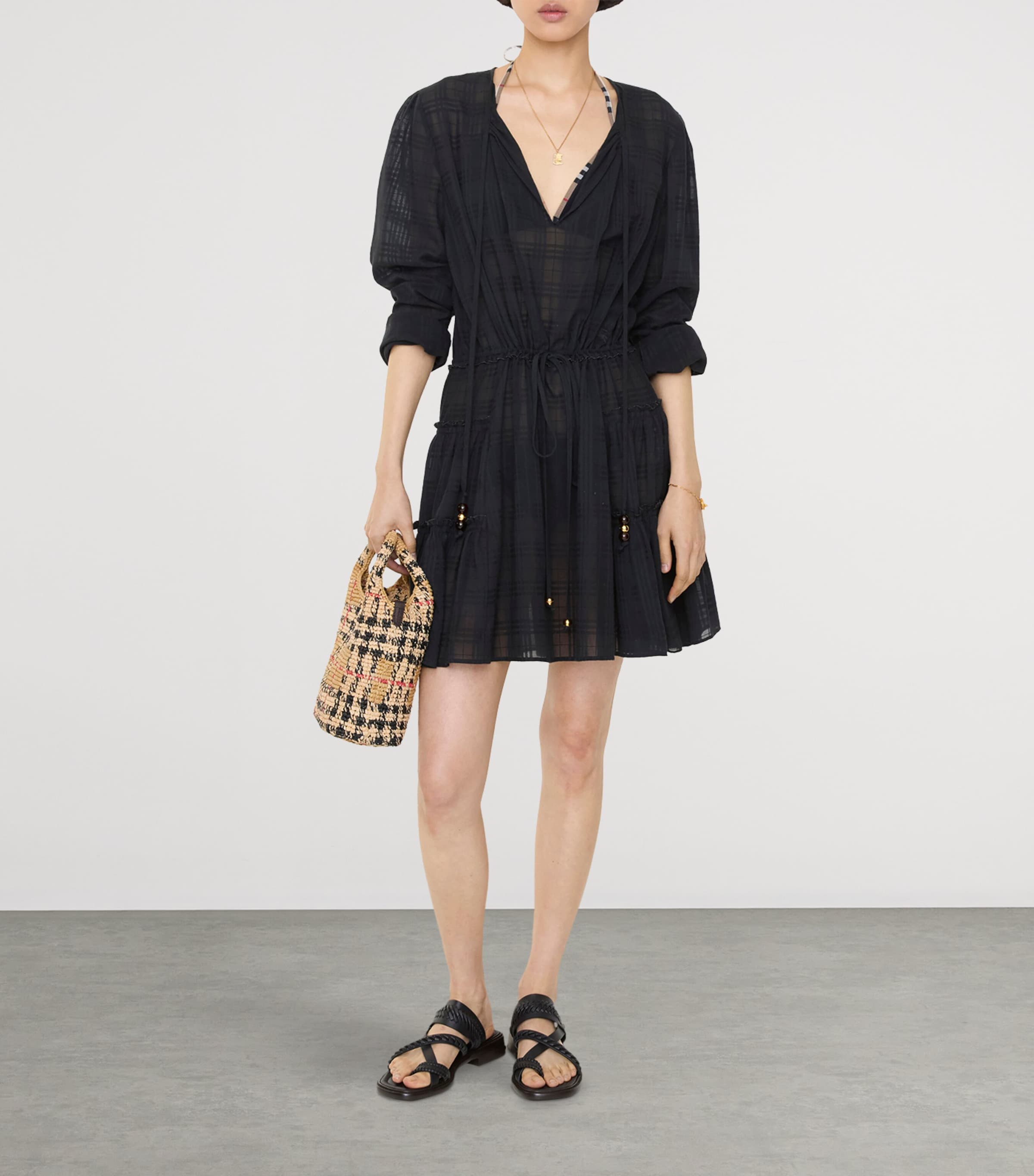Burberry Womens Cotton Voile Mini Dress Black Ip Check Image 2