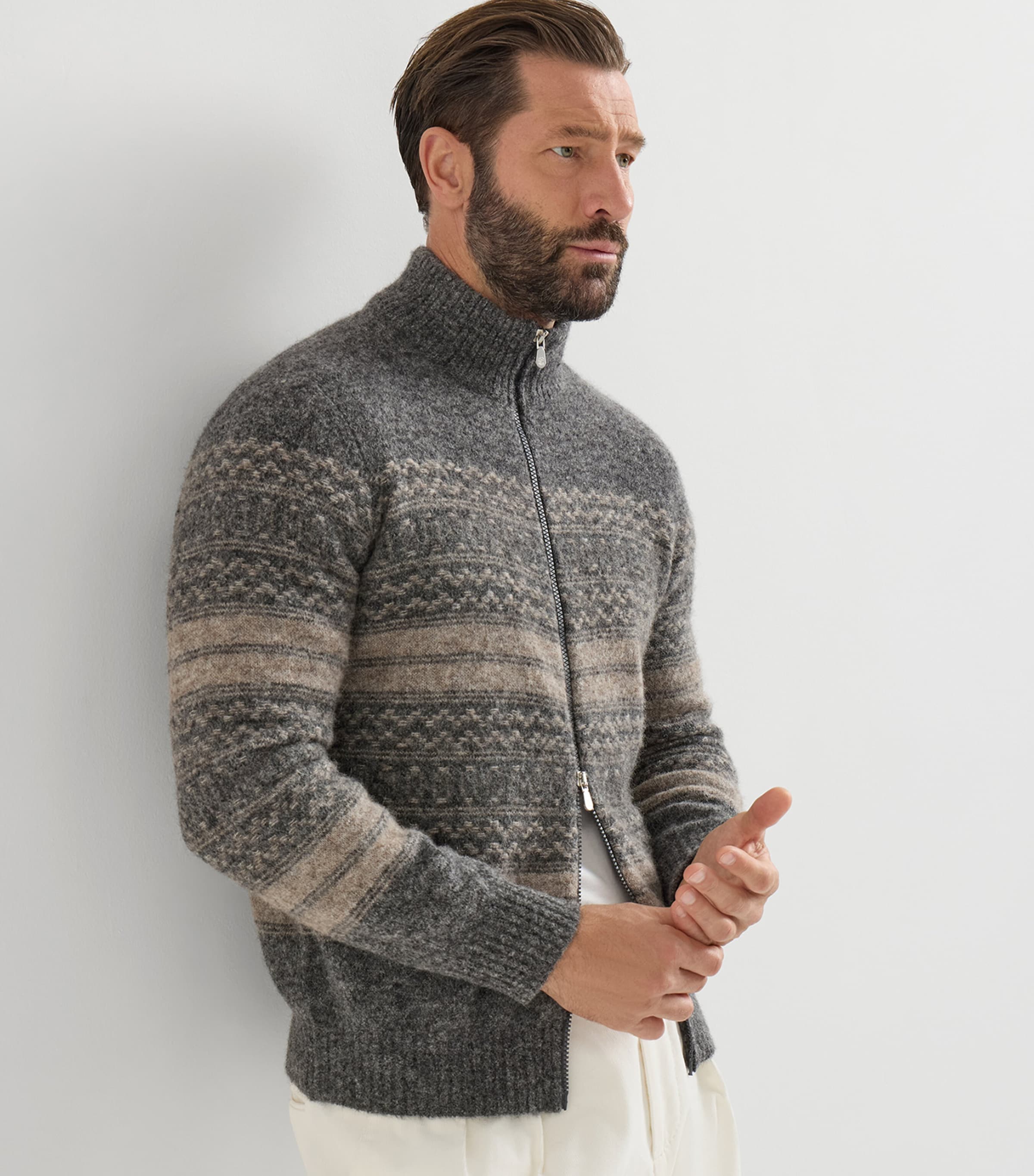 Brunello Cucinelli Mens Jacquard High-Neck Zip Cardigan Black+brown Image 2