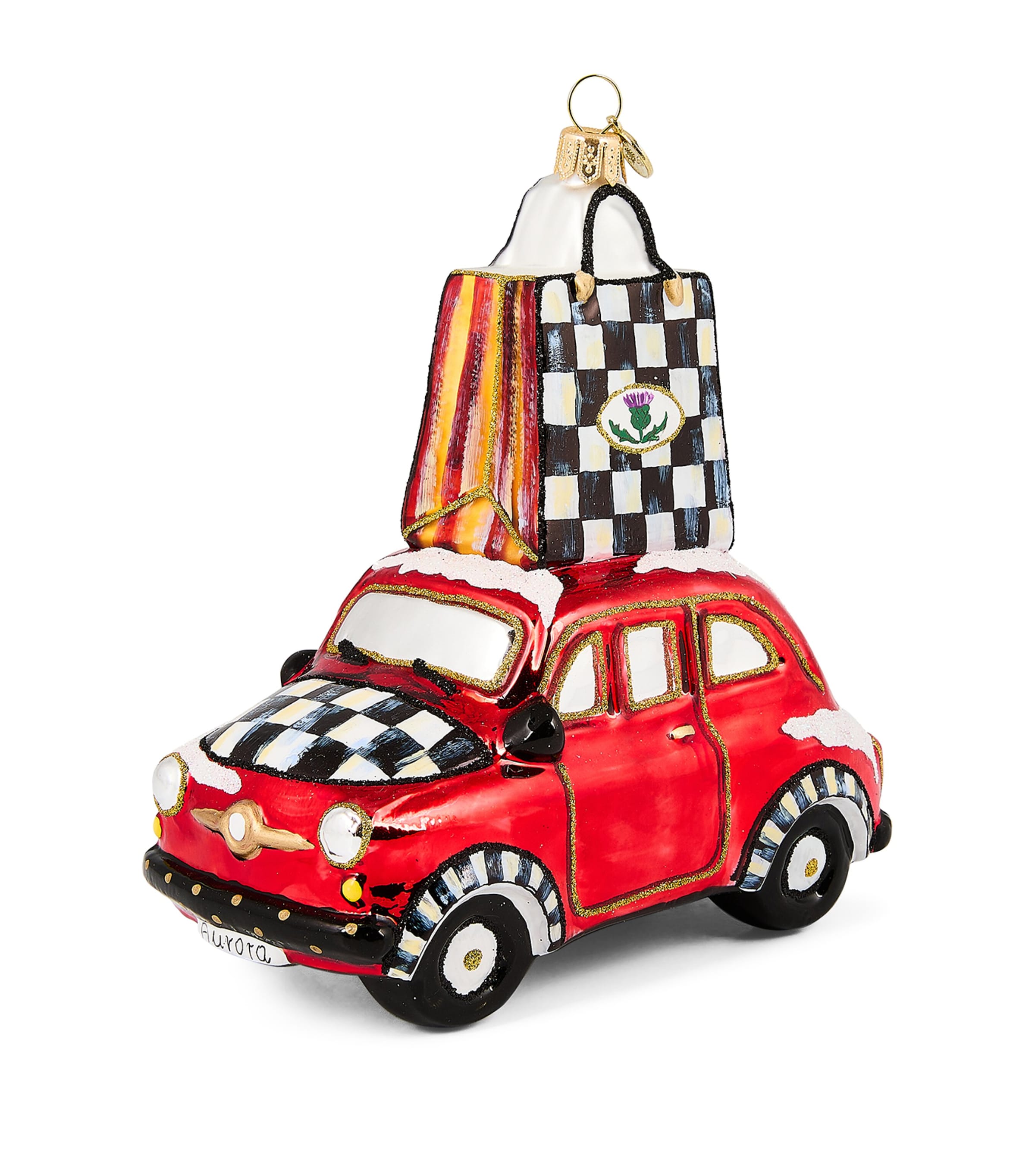 Mackenzie-childs Glass Christmas Shopping Car Ornament In Multi