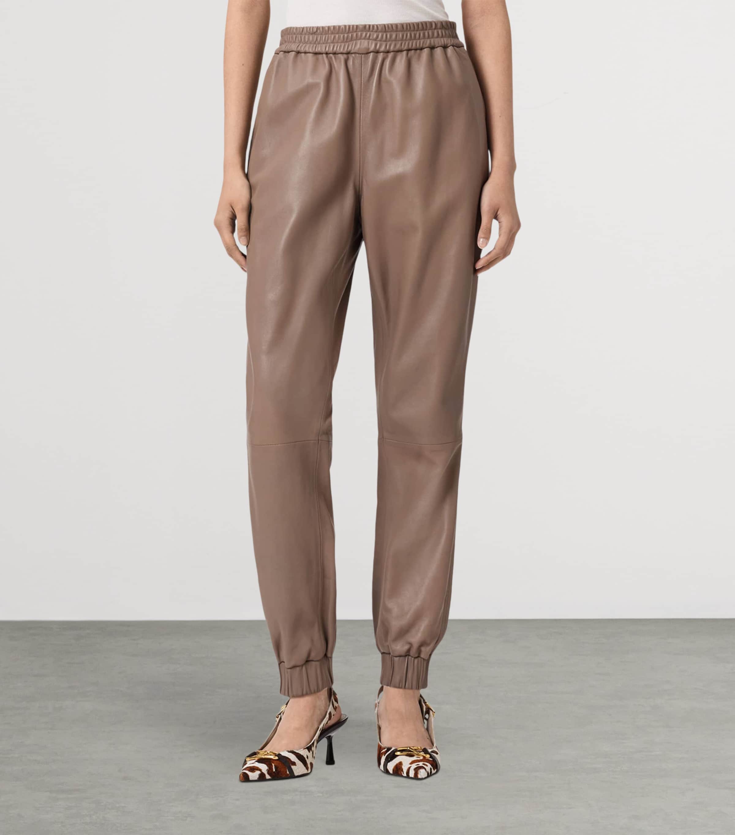 AllSaints Womens Leather Jen Sweatpants Mocha Brown Image 3